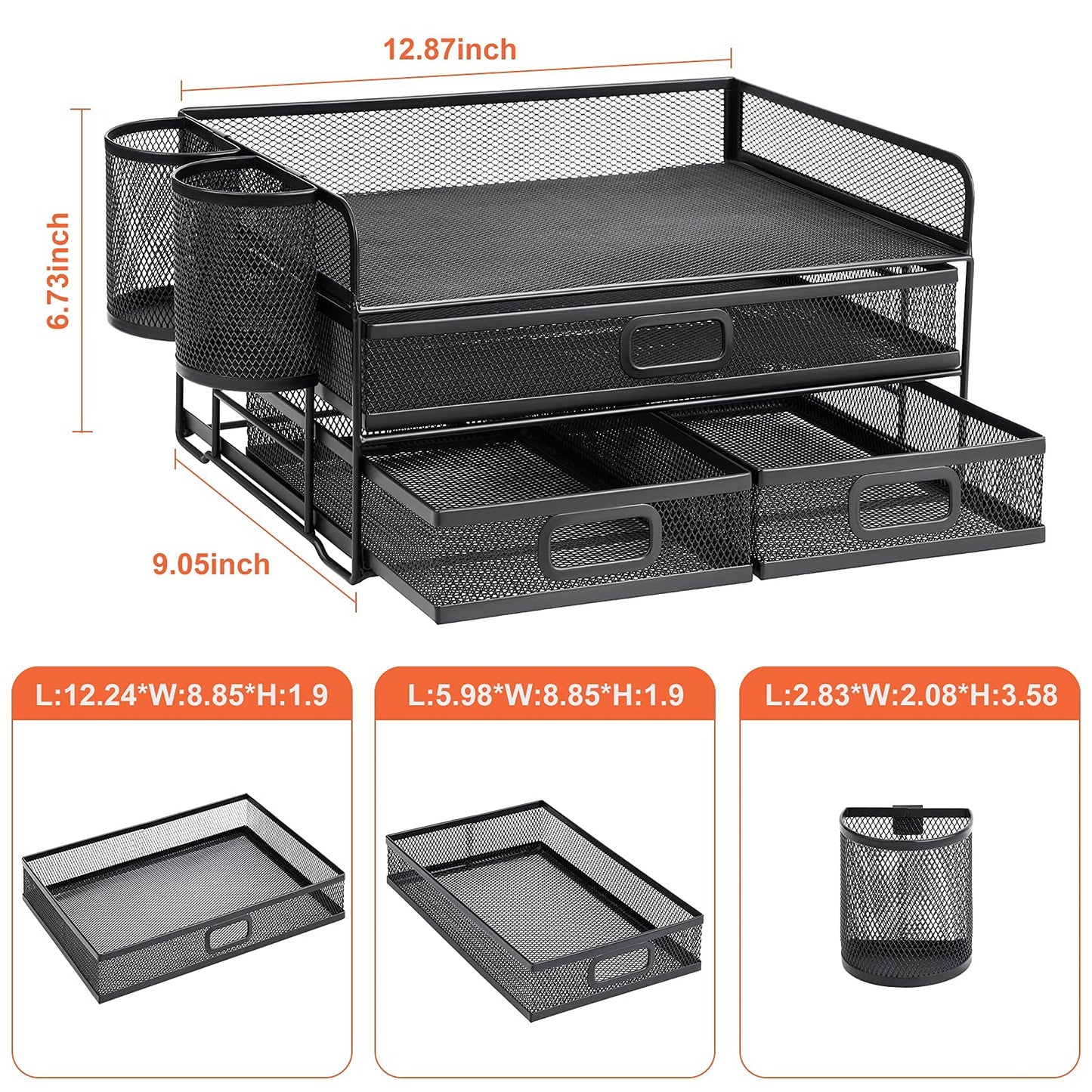 Marbrasse 3 Tier Mesh Desk Organizer with Drawer, Multi-Functional Desk Organizers and Accessories, Paper Letter Organizer with 2 Pen Holder for Home Office Supplies (Black)