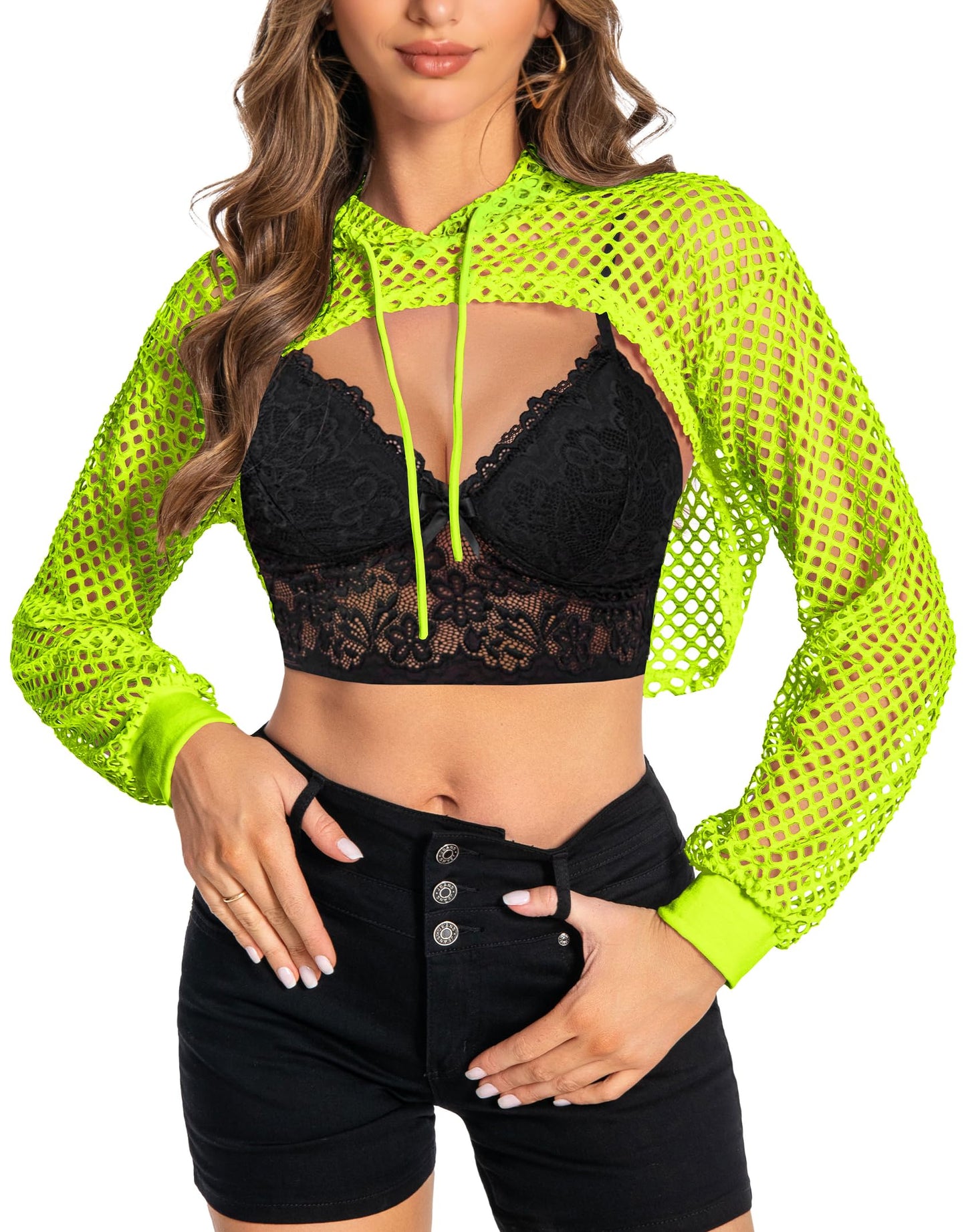 Women Mesh Crop Top Hoodie Fishnet See Through Long Sleeve Shirt Sheer Blouse for Club Party