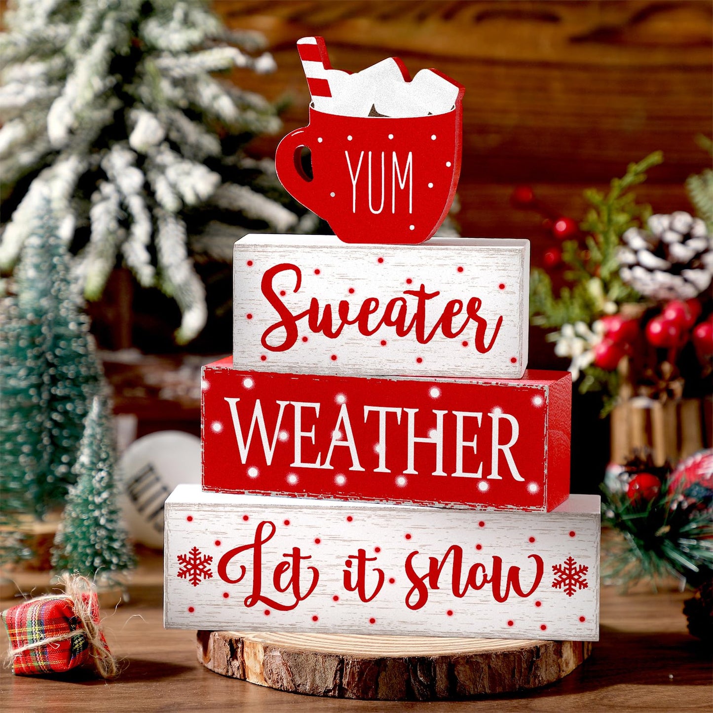 Marsui 4 Pcs Christmas Wooden Tabletop Decor Neutral Christmas Decor Rustic Wooden Hot Cocoa Block Sign Cozy Winter Decorations Gift Farmhouse Xmas Table Centerpiece for Home Office Desk Tiered Tray