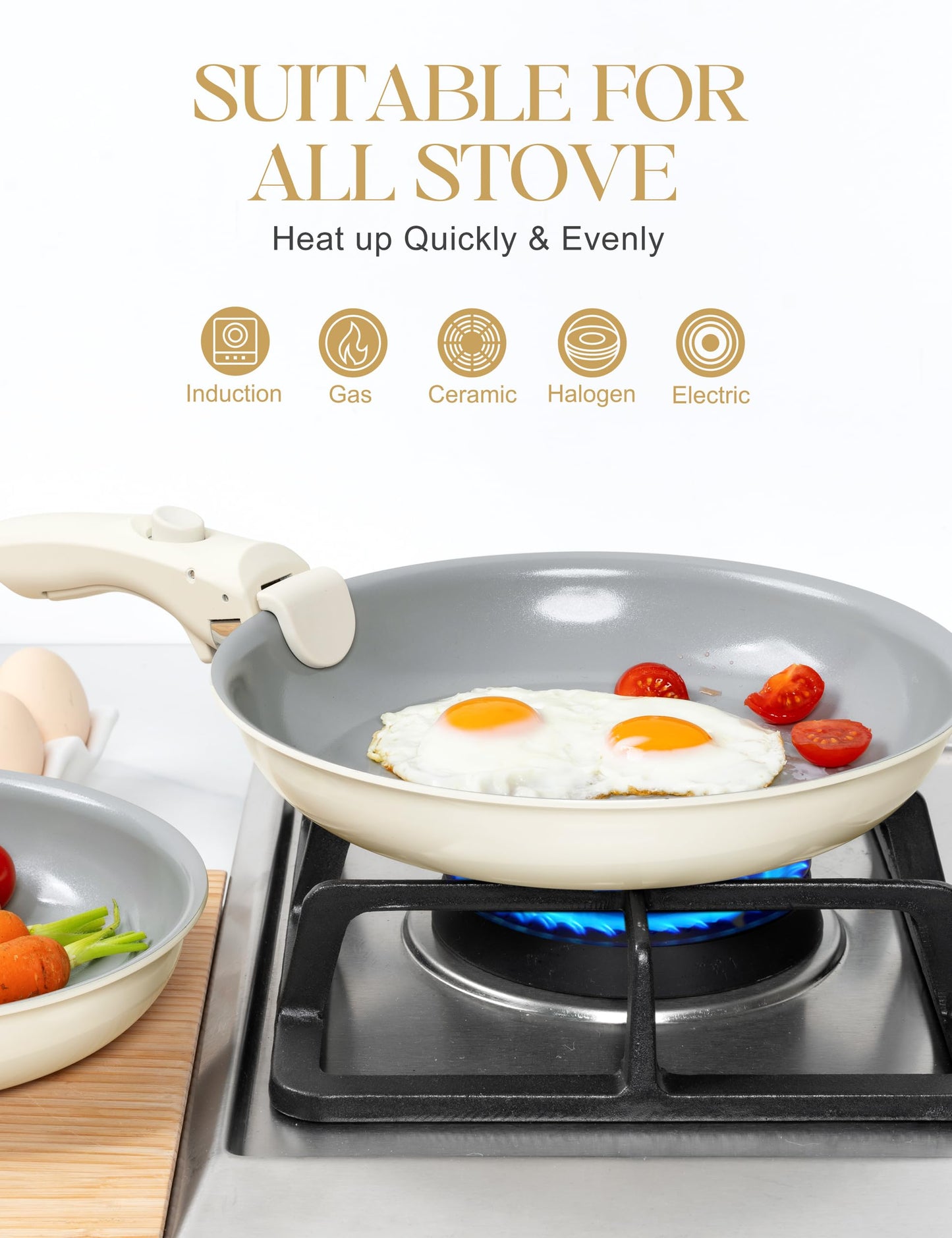 MICHELANGELO Ceramic Frying Pan Set, 8" 9.5" and 11" Fry Pans with Removable Handle, Nonstick Skillet Sets with Non Toxic Coating, PFOS & PFOA Free, Induction Compatible, Beige