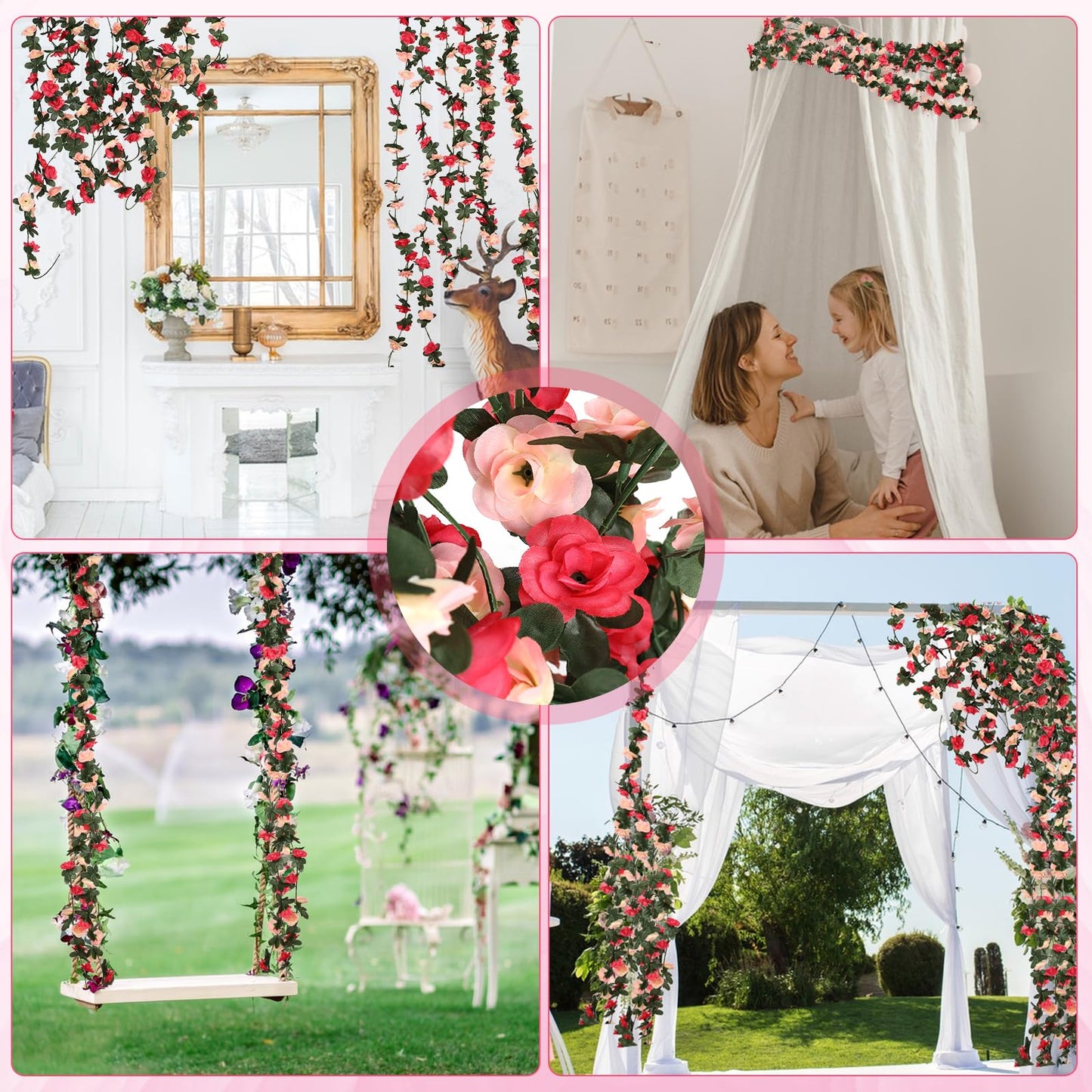 4 Pcs 32.8FT Flower Garland,Rose Garland,Pink Flower Vines for Decoration, Wedding, Garden, Wall Decoration,Backdrop,Bedroom,Birthday Party