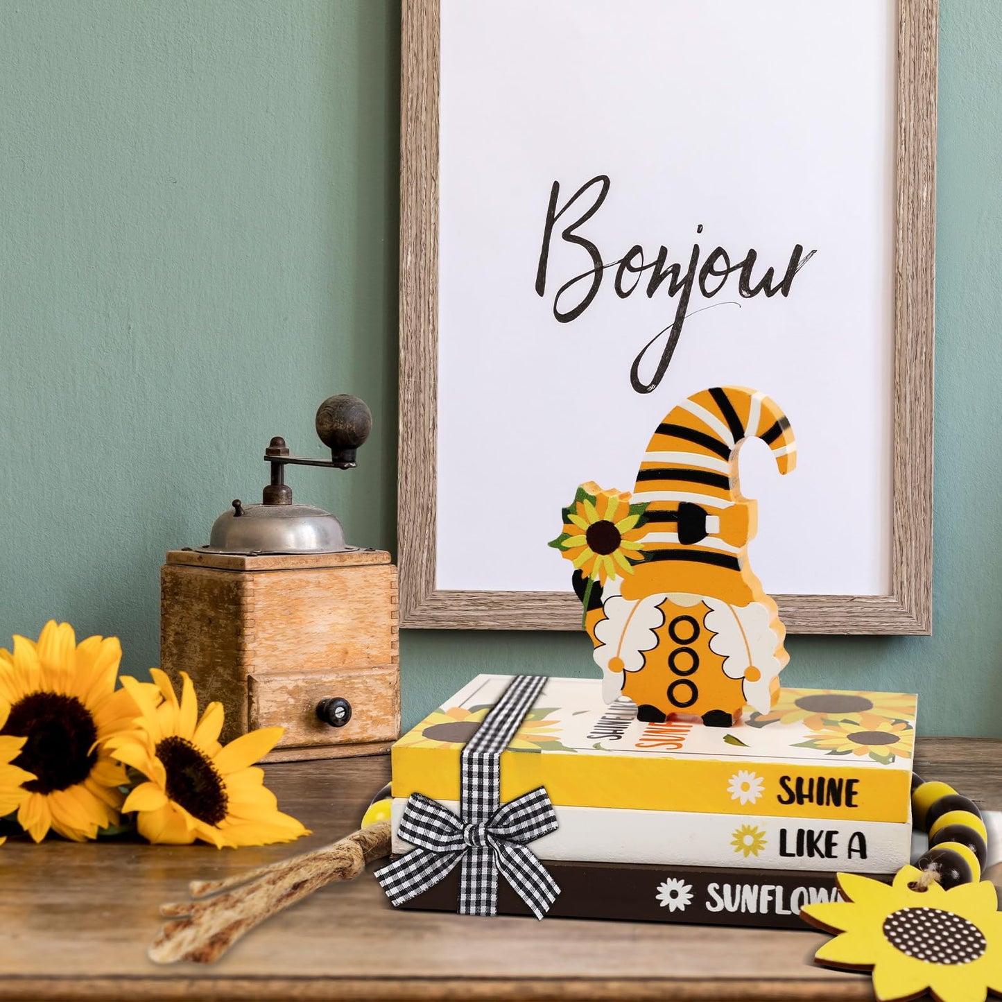 5 Pieces Sunflower Tiered Tray Decor Summer Wood Table Sign Rustic Book Stack with Gnome Wood Bead Tassels Summer Wooden Tabletop Centerpiece Shelf Decoration for Farmhouse Decor