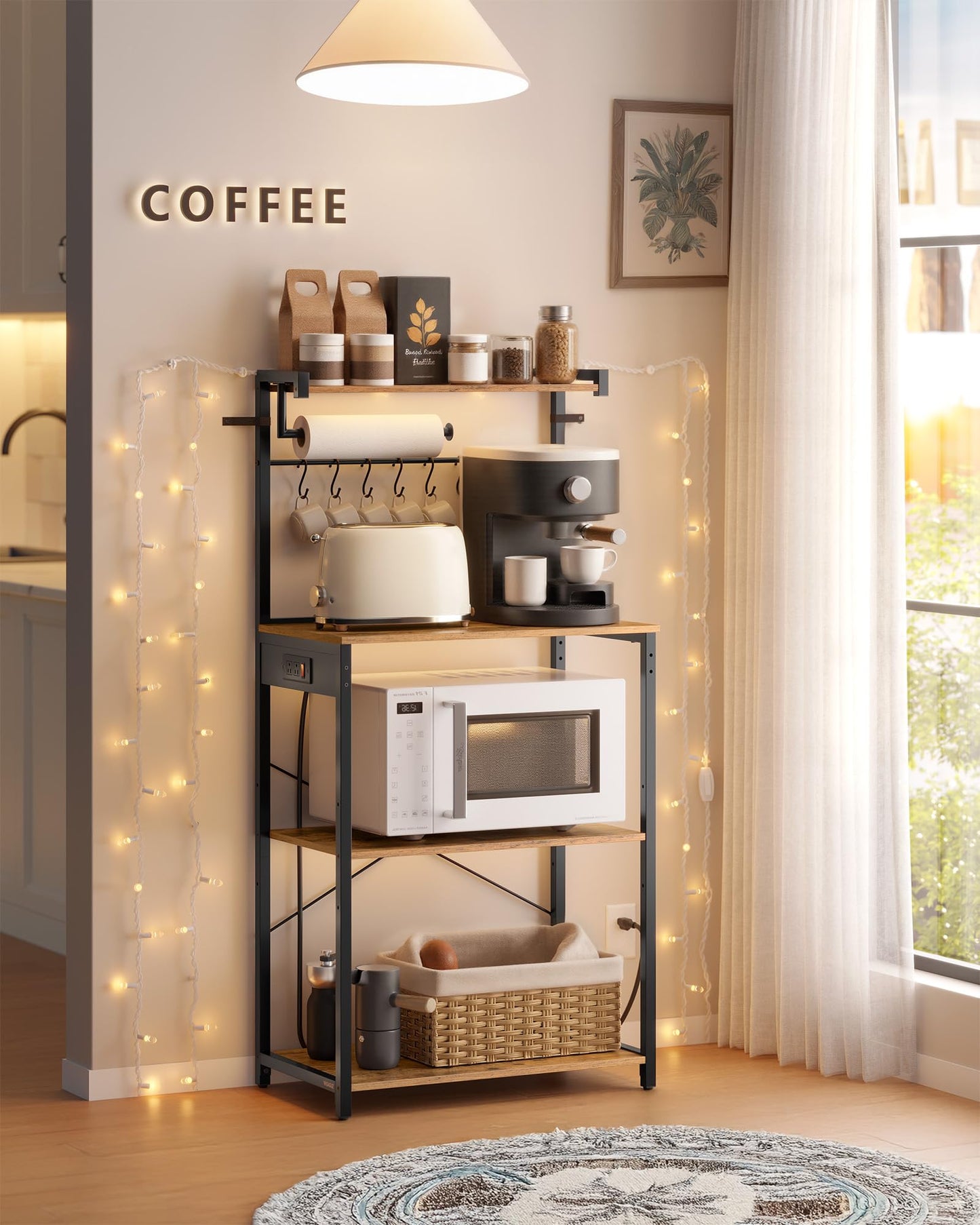 VASAGLE Kitchen Bakers Rack with Power Outlet, Coffee Bar 4-Tier with 8 S Hooks, Microwave Stand, Adjustable Shelf, for Small Spaces, Rustic Brown and Ink Black UKKS014K01V1