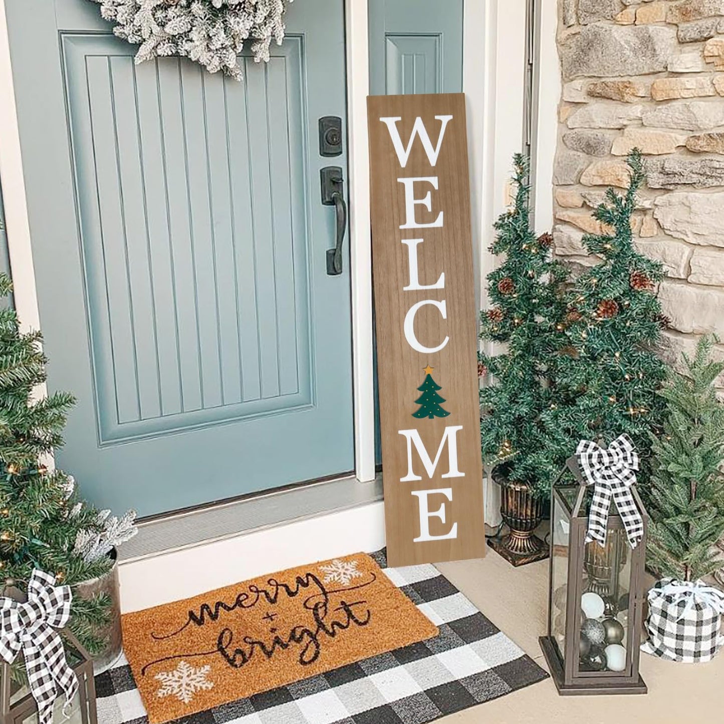 Interchangeable Welcome Sign for Front Porch- 45"X9" Large Standing/Hanging Wooden Sign with 12 PCS Replaceable Icons for 4th of July Fall Halloween Porch Wall Yard Decorations
