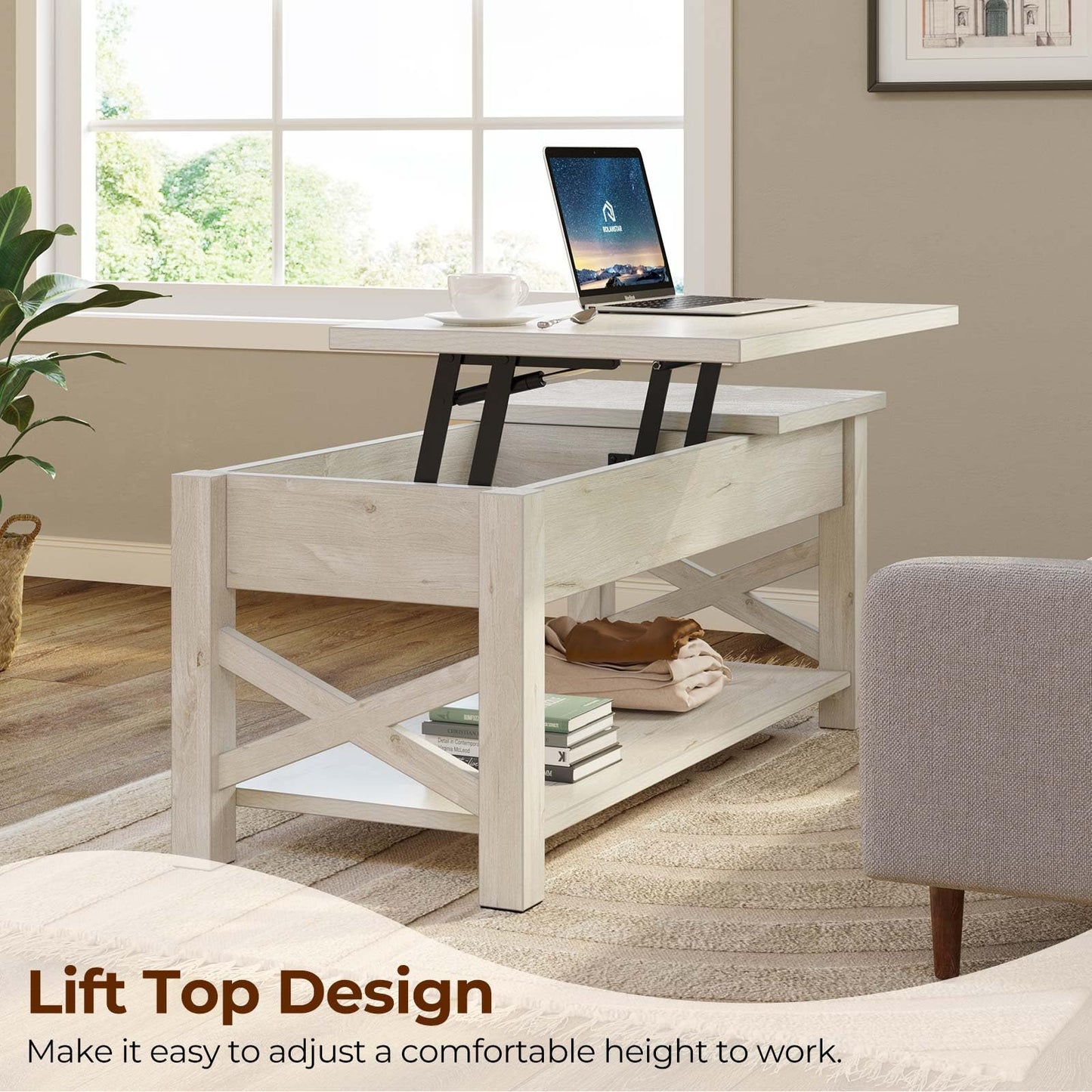 Rolanstar 47.2" Lift Top Coffee Table with Hidden Compartment, 2 Way Lift Top Coffee Table with Open Shelf & X Wooded Support, Farmhouse Center Table for Living Room, Grey