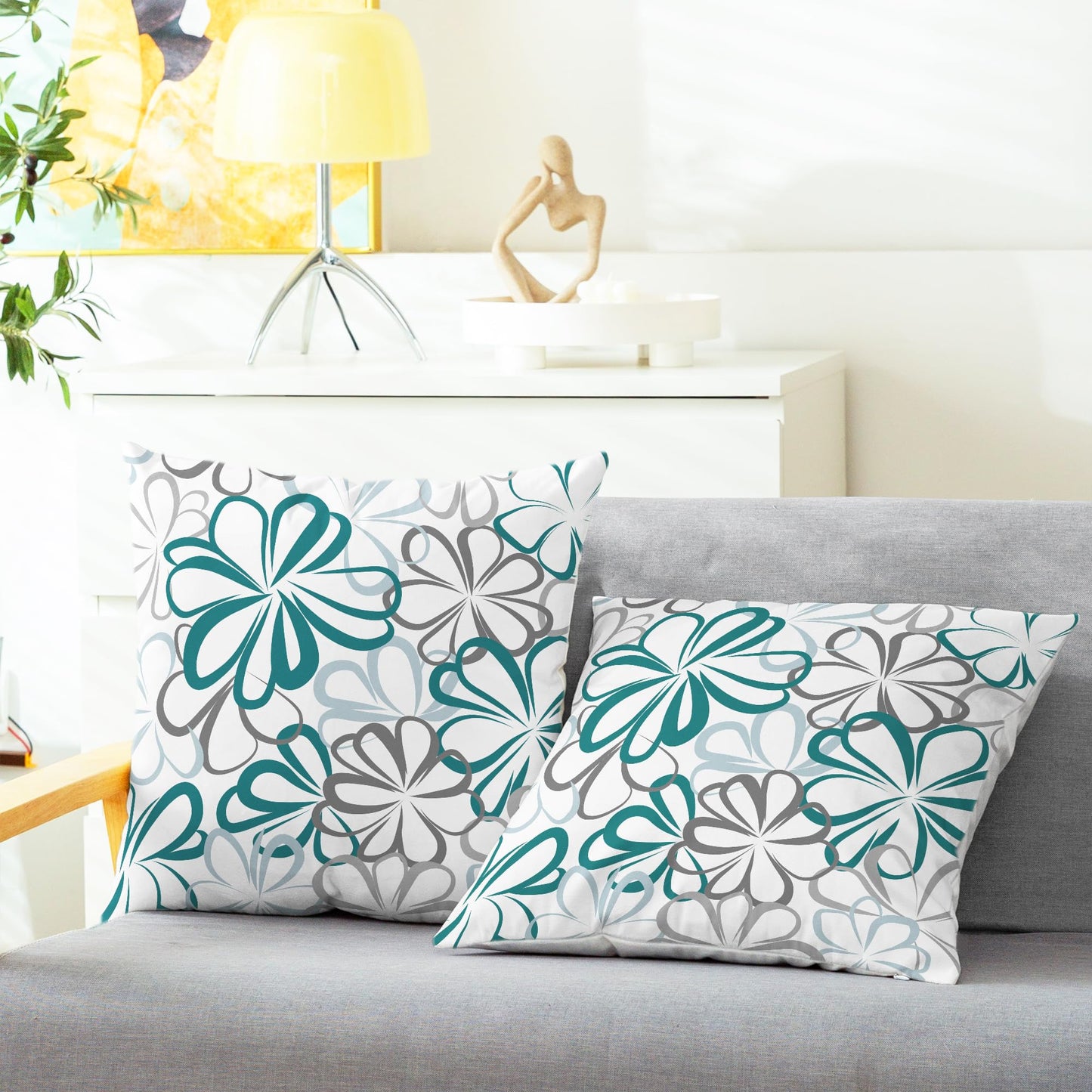 CaliTime Throw Pillow Covers Pack of 2 Cozy Fleece Line Flowers Decorative Cushion Cases for Couch Bed Sofa Farmhouse Decoration 18 X 18 Inches Teal Green Blue Grey