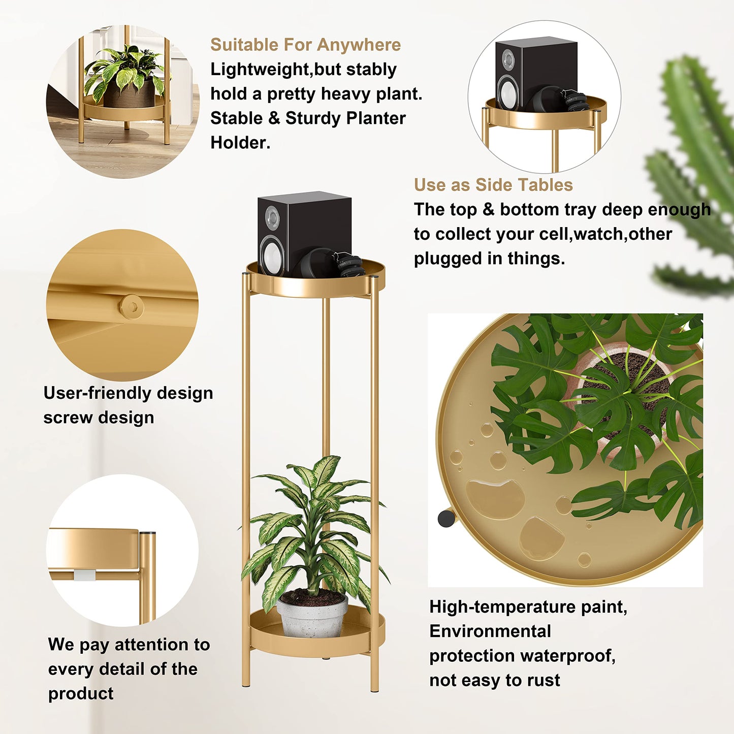 Philodwell Metal Gold Tall Plant Stand Indoor or Outdoor - 30 inch 2 Tier Modern Corner Planter Shelf Rack with 2 Removable Display Shelves(10 inch) for Bedroom Living Room Balcony