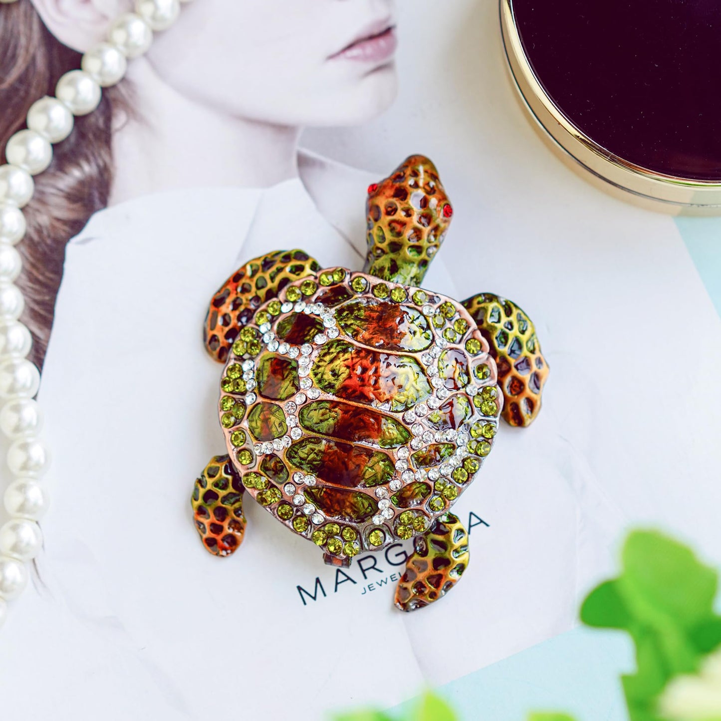 YU FENG Small Turtle Trinket Jewelry Box Hinged Rhinestones Jeweled Painted Enameled Sea Turtle Animal Figurines Collectible