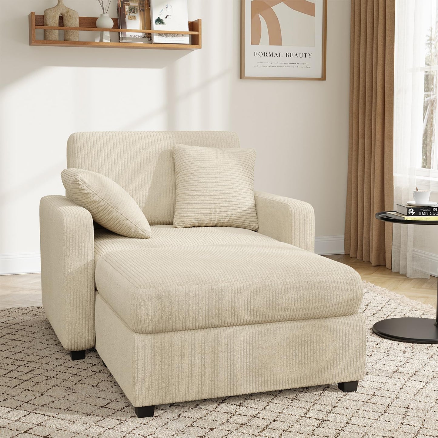 Apicizon Chaise Lounge Chair Indoor, 42" Oversized Sofa Bed with Two Throw Pillows and Armrests, Corduroy Chaise Lounge for Bedroom, Single Sleeper Chair with Ottoman for Living Room, Beige