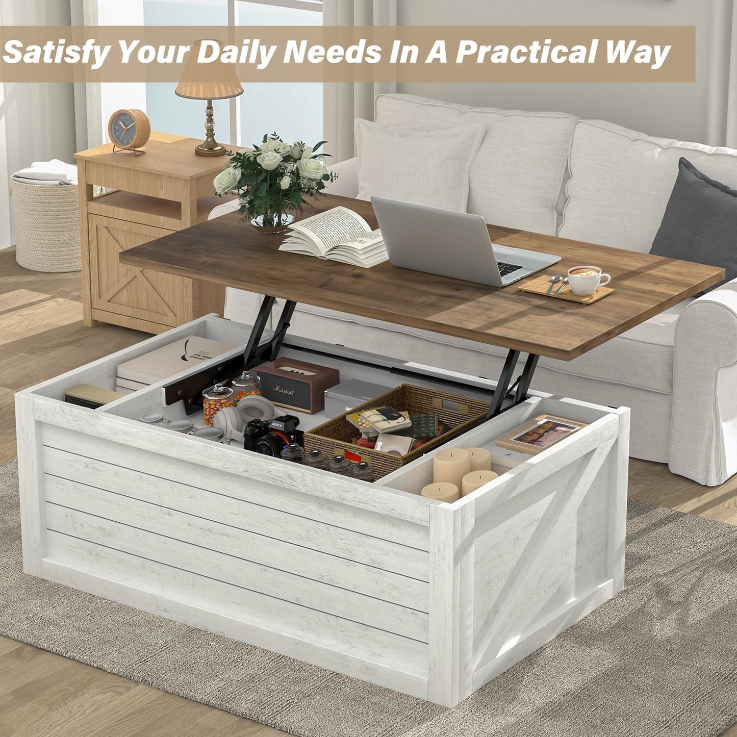 REVOMINCA Farmhouse Coffee Table Lift Top with Storage for Living Room, White Coffee Table with Large Hidden Storage Compartment, 48 Inch White Center Table with Sliding Barn Doors