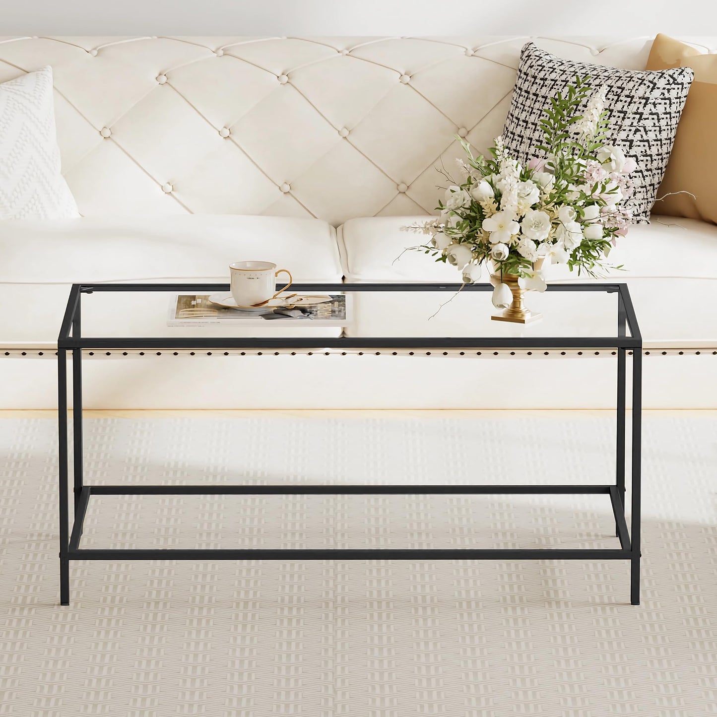 Homleke Glass Coffee Table, Modern Rectangular Black Coffee Table for Living Room, Minimalist Center Tea Table with Sturdy Metal Frame for Apartment, Office, Dining Room, Easy Assembly, Black