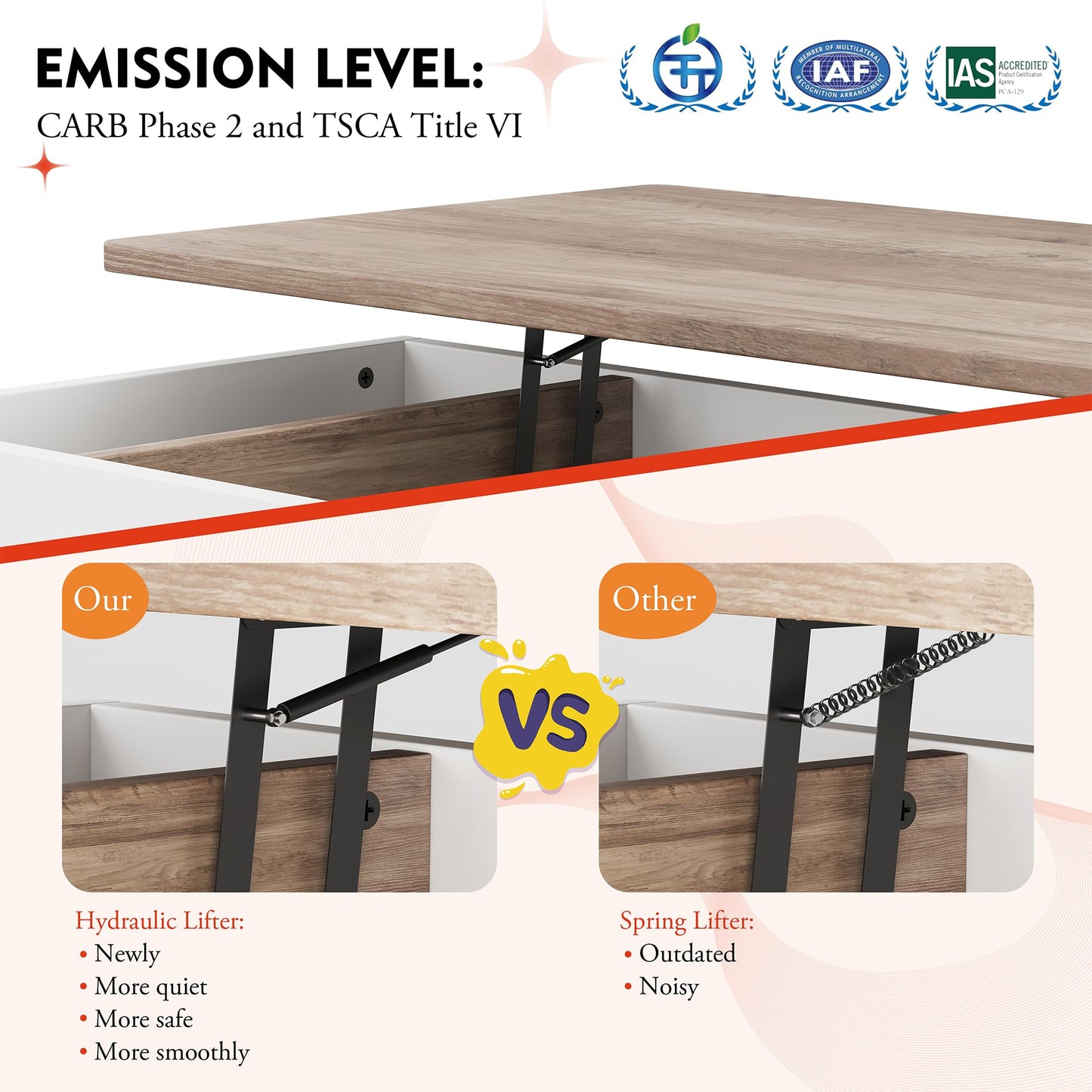 Meilocar Wood Coffee Table, Lift Top Coffee Table with Hidden Compartment, Living Room Reception Room, 39.4in L, Ivory