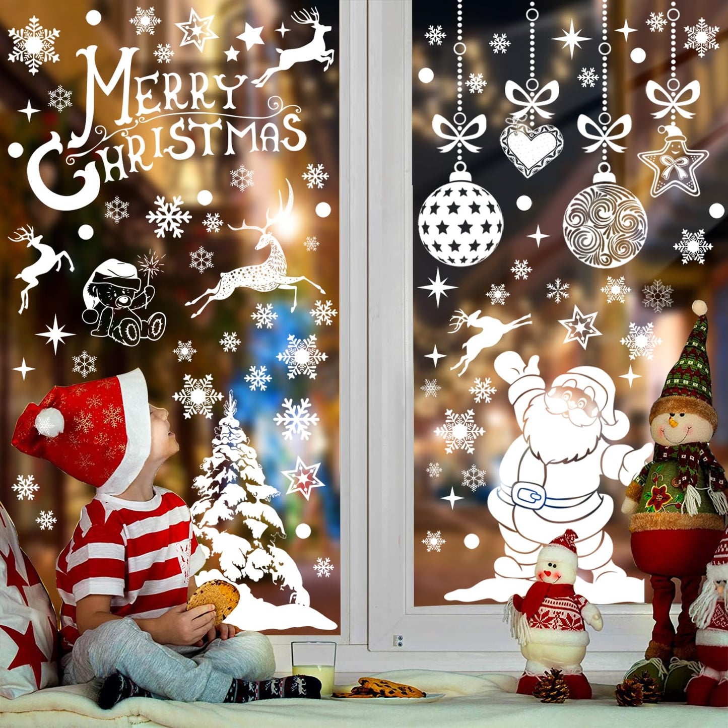 236PCS Double-Sided Snowflakes Christmas Window Stickers, Snowman Xmas Decorations Stickers for Glass Window, Reusable Christmas Decorations