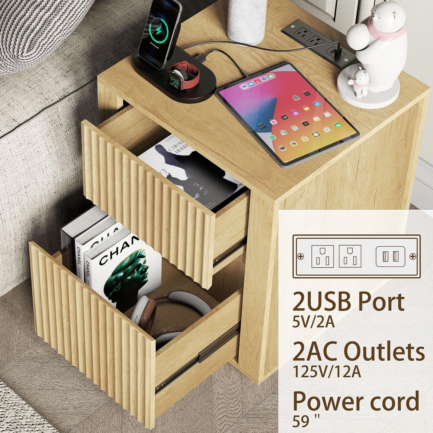 Modern Nightstand with USB Charging Ports, Wavy Bedside Table for Bedroom, Wood End Table Storage Cabinet for Living Room Sofa Office (Double Drawer)