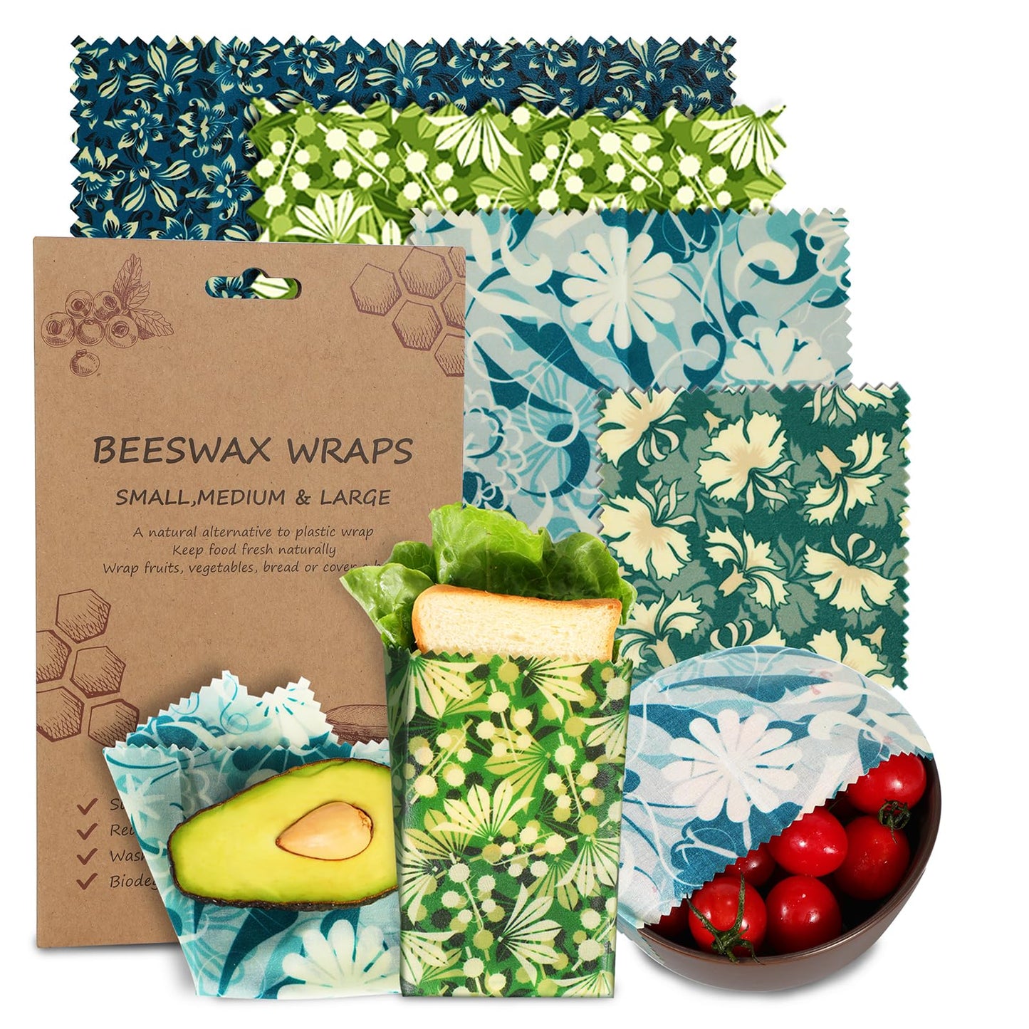Reusable Beeswax Wrap, 11 Pack Eco-Friendly Beeswax Wraps For Food, Organic, Sustainable, Biodegradable, Zero Waste, Plastic-Free Food Storage, 1L Avocado, 2M Cherry, 4S Strawberry, 4XS Lemon Patterns