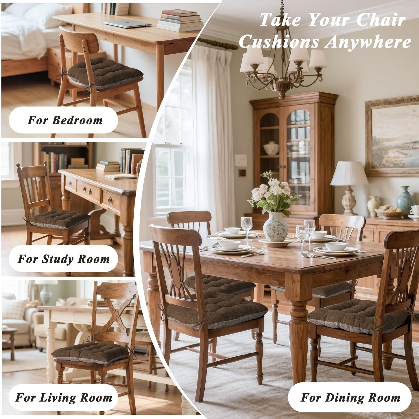 FlyGulls Chair Cushions for Dining Chairs Set of 4 Durable D-Shaped Seat Cushions with Non-Slip Backing Secure Ties Thick Cozy Seat Pad for Kitchen Dining Room Office(18x16.5x3in Coffee)