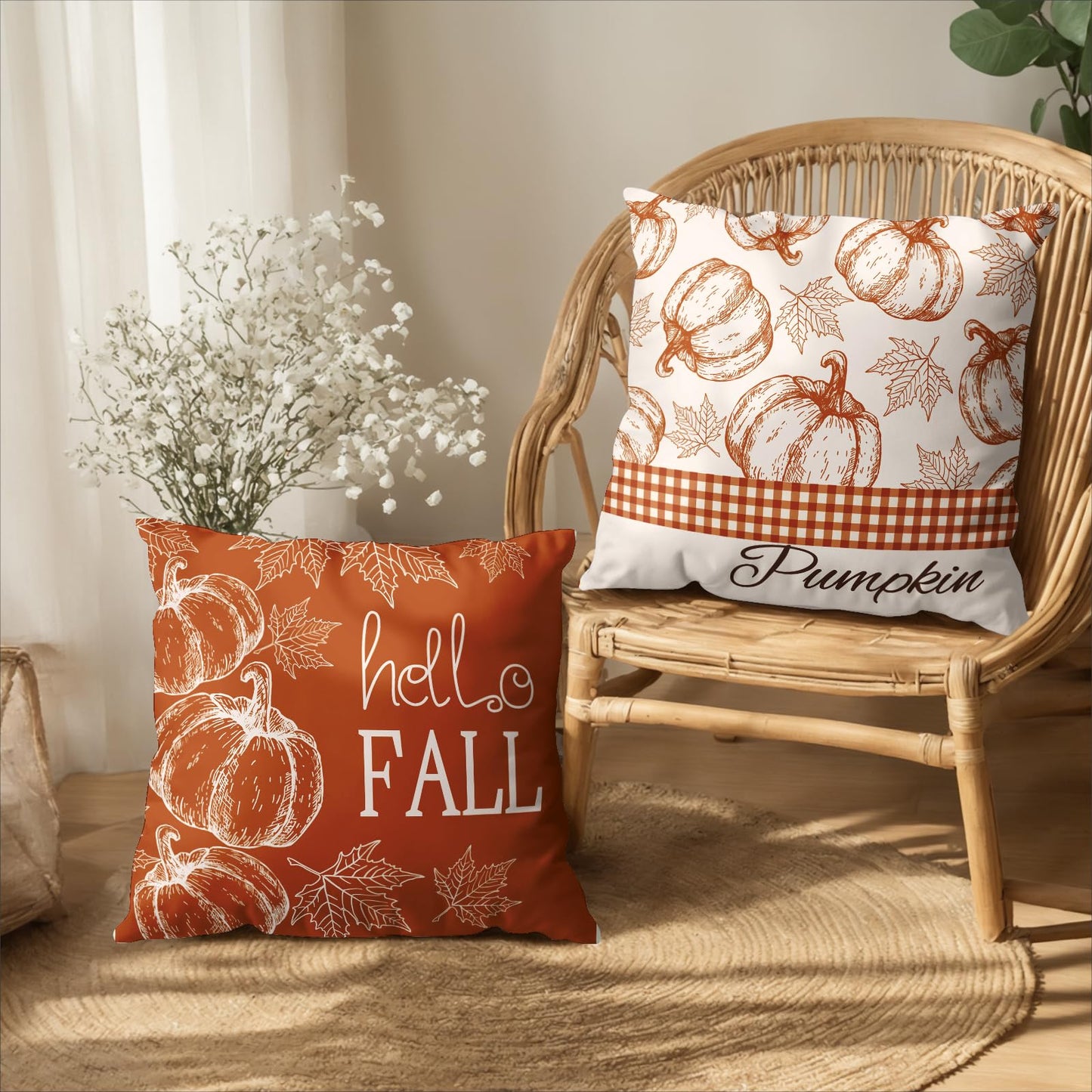 Wnoesat Hello Fall Pumpkin Pillow Covers 18x18 Set of 2 Autumn Maple Leaves Burnt Orange Outdoor Throw Pillows Case Farmhouse Thanksgiving Decorative Cushion Covers for Home Couch Sofa