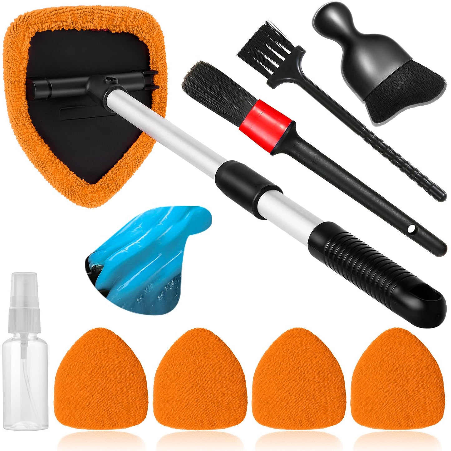 Qydipclin 10pcs Windshield Cleaner Tool, Car Window Cleaning Wash Kit with 4 Reusable Microfiber Pads 1 Spray Bottle and Extendable Handle Auto Glass Wiper Kit, Orange