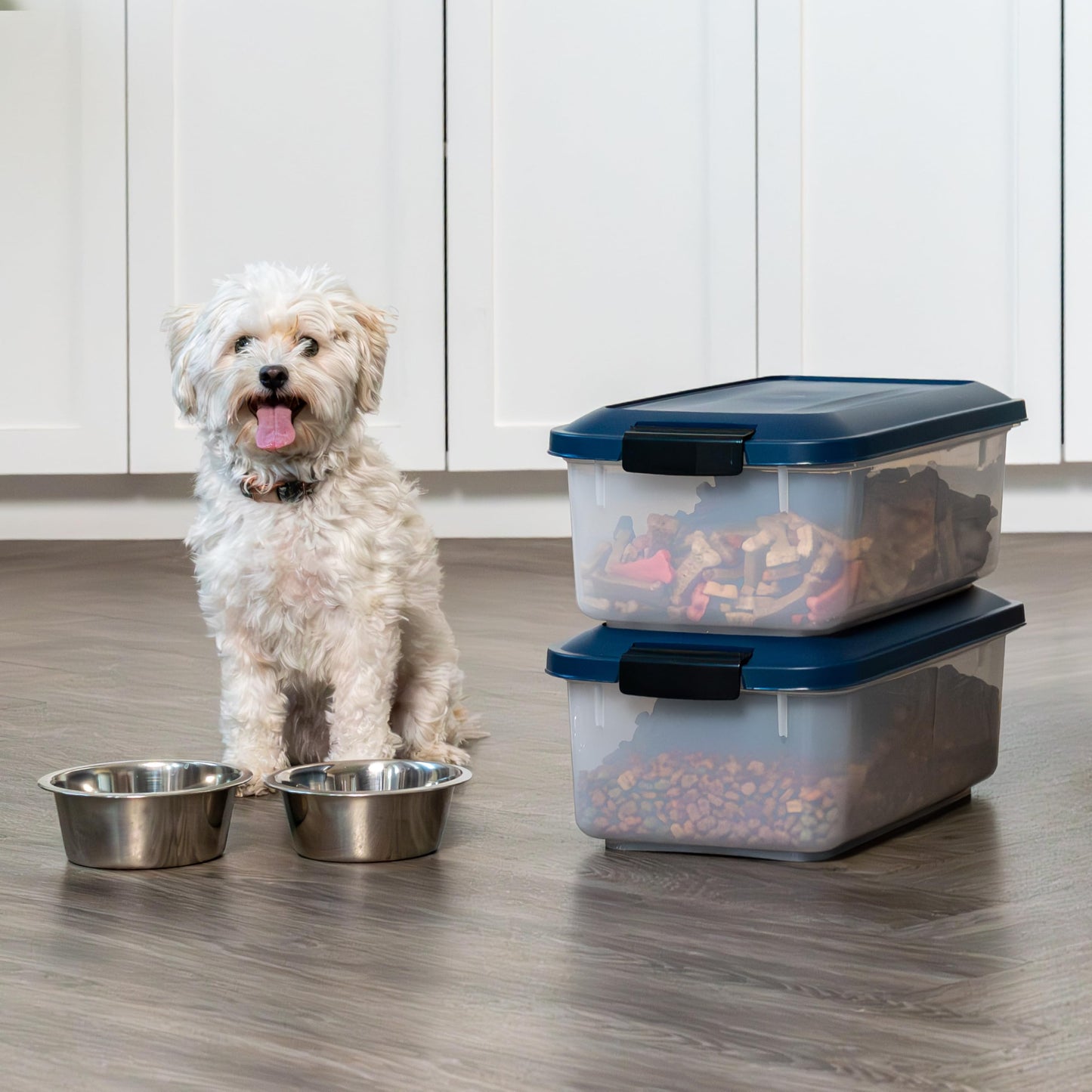IRIS USA WeatherPro Airtight Pet Food Storage Container, Up to 14 lbs, Dog Cat Bird and Other Pet Food Storage Bin Keep Pests Out Translucent Body BPA Free Stackable, 2 Pack, Navy