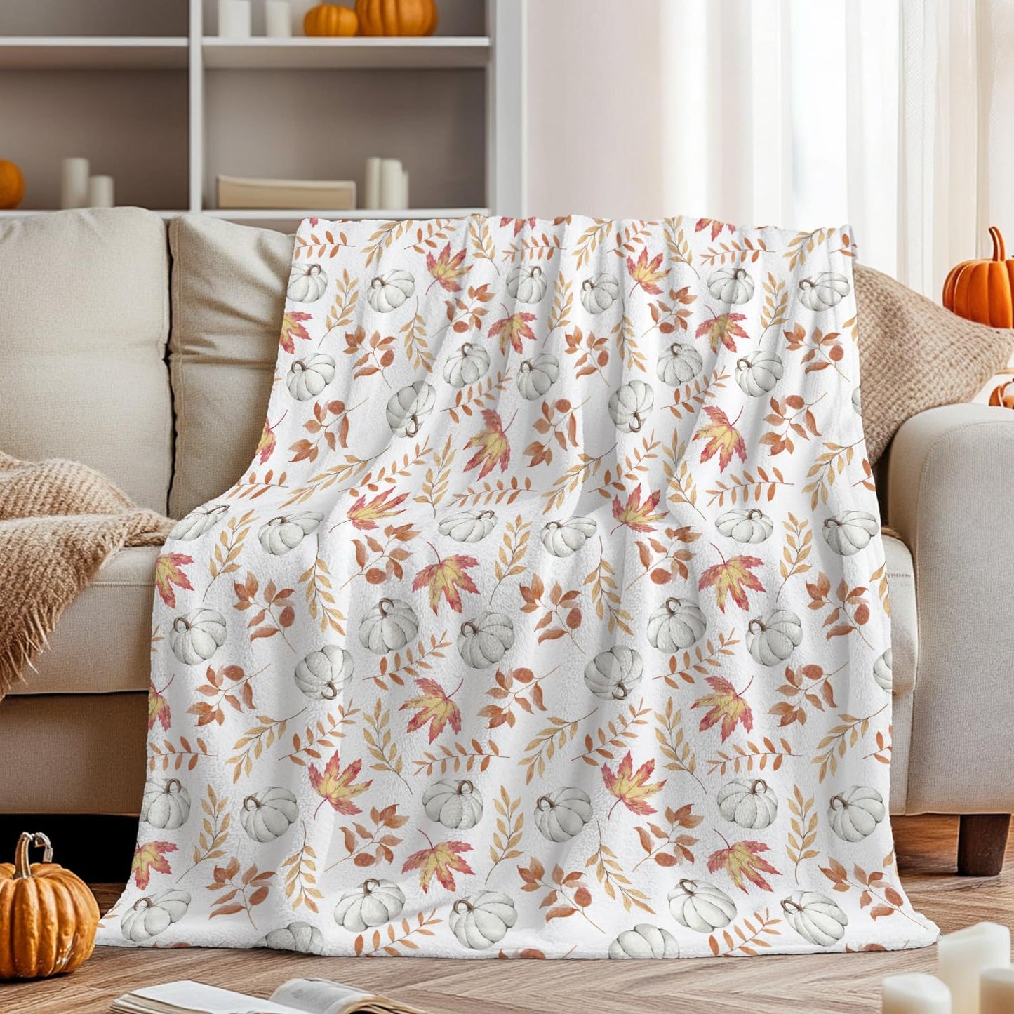 Horaldaily Fall Flannel Blanket Throw, White Pumpkin Orange Leaves Soft Fuzzy Plush Cozy Fleece Blankets for Couch Sofa Bed Lounging, Ideal Gifts for Kids Adults Wife Self, 50x60