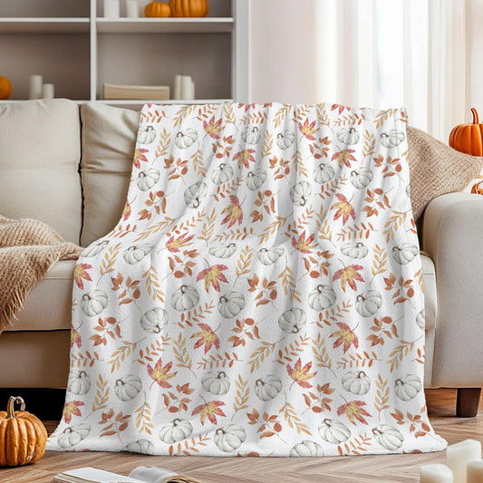 Horaldaily Fall Flannel Blanket Throw, White Pumpkin Orange Leaves Soft Fuzzy Plush Cozy Fleece Blankets for Couch Sofa Bed Lounging, Ideal Gifts for Kids Adults Wife Self, 50x60
