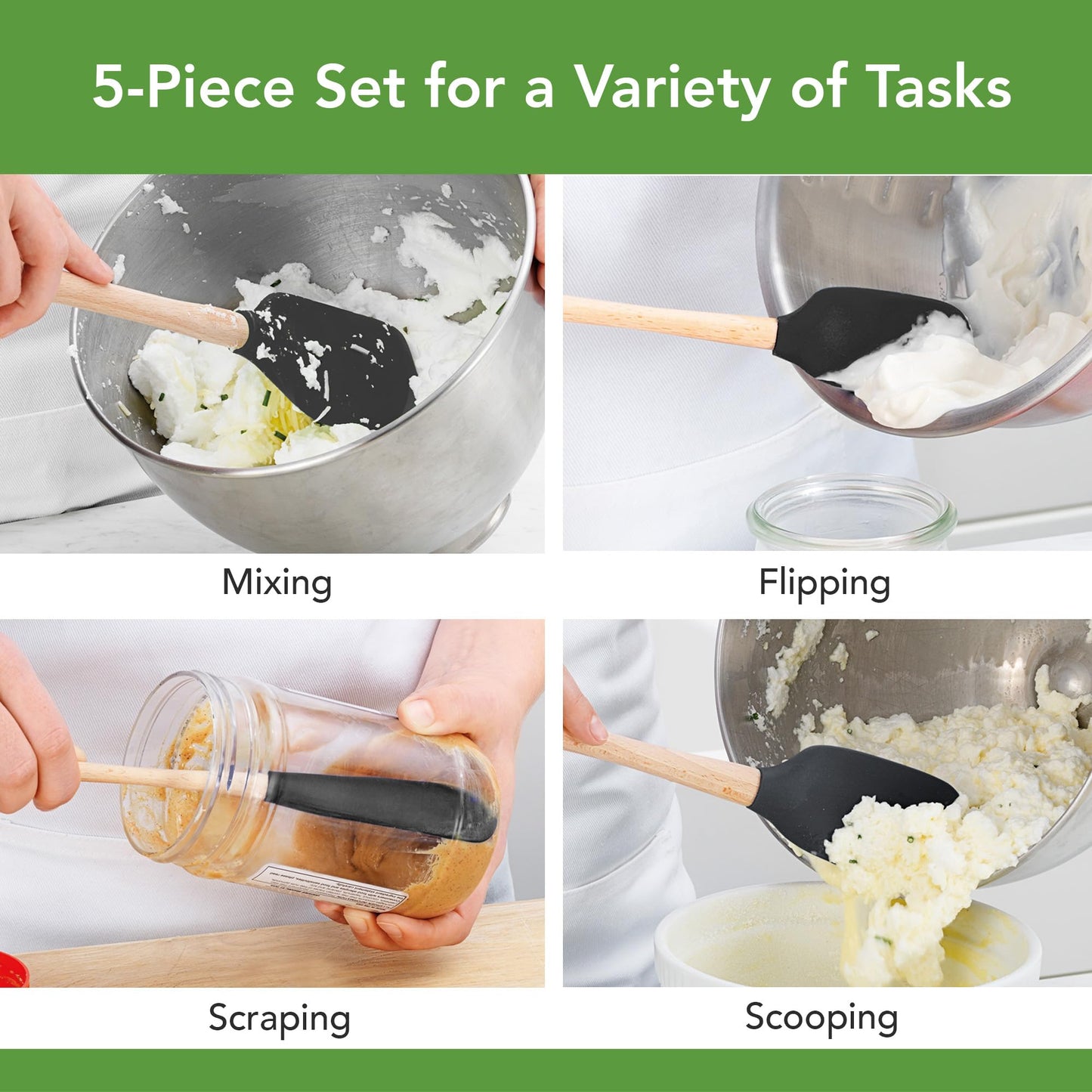 Tovolo 5-Piece Silicone and Wooden Handle Utensil Set (Black): Spatula, Spoonula, Jar Scraper, Mini Spatula, and Mini Spoonula