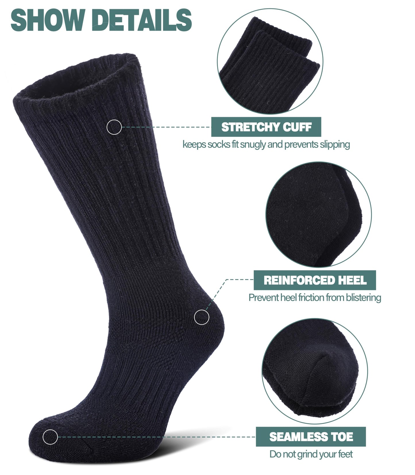 LANLEO Merino Wool Hiking Socks for Women Men Thermal Winter Warm Thick Cushion Moisture Wicking Crew Work Boot Socks 5 Pairs Solid Color A,Medium