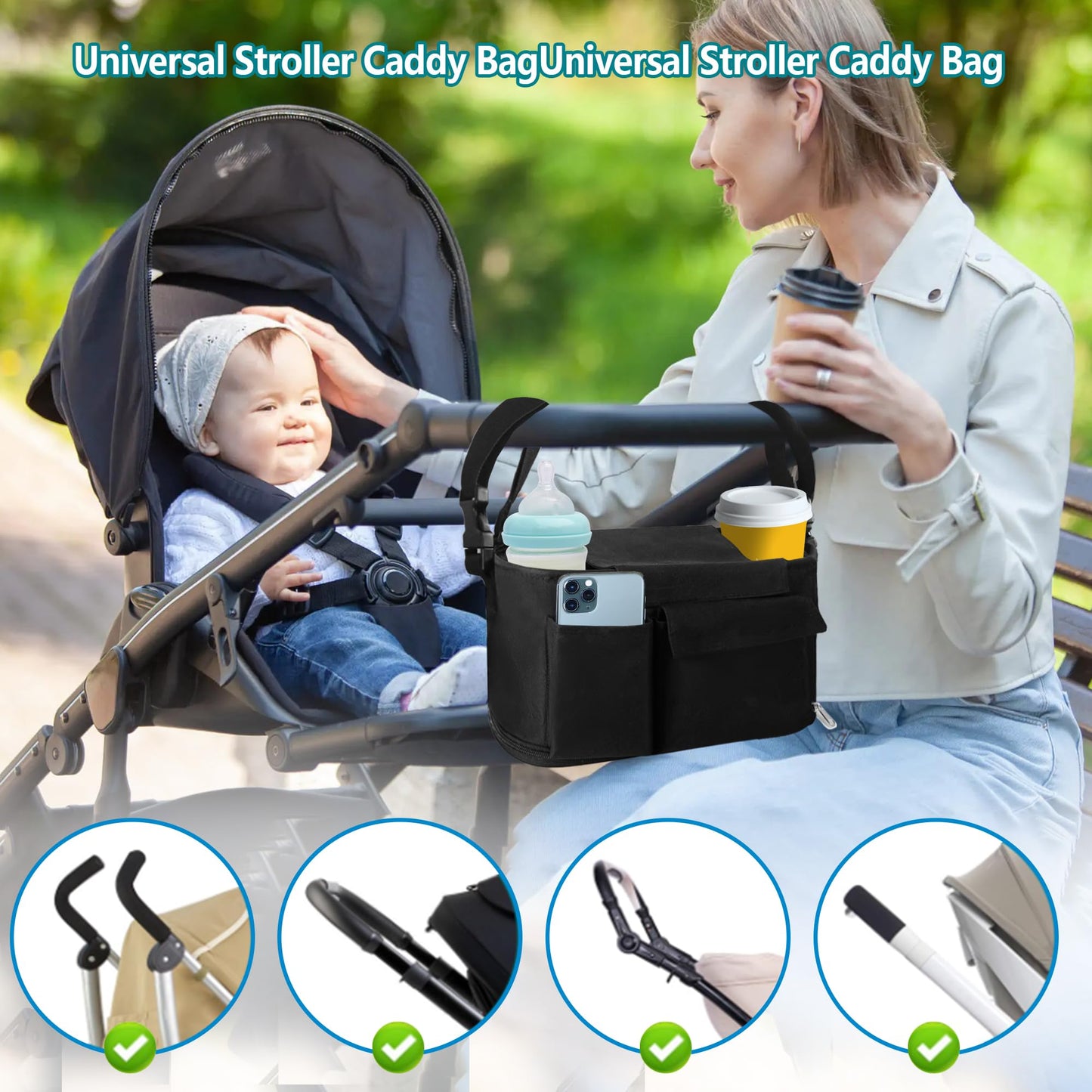 Rasfalo Universal Stroller Caddy Expandable Organizers & Detachable Shoulder Strap, Stroller Organizer With Cup Holder Fits for Stroller Like Uppababy, Baby Jogger, BOB, Doona, Britax