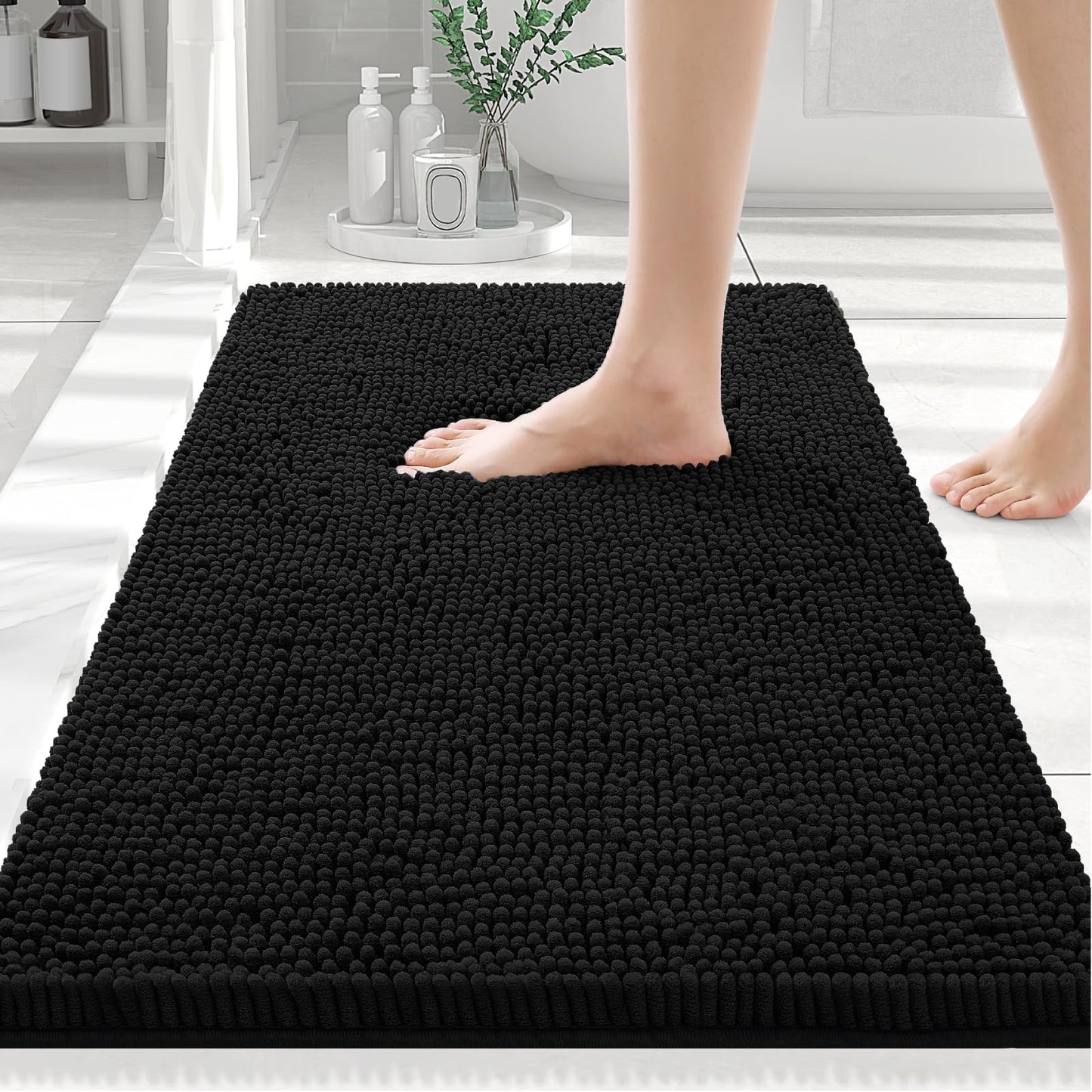Smiry Luxury Chenille Bathroom Rugs 30x20, Extra Soft and Absorbent Shaggy Bath Mat, Machine Washable, Non-Slip Plush Carpet Runner for Tub, Shower, and Floor, Home Decor Accessories, Black