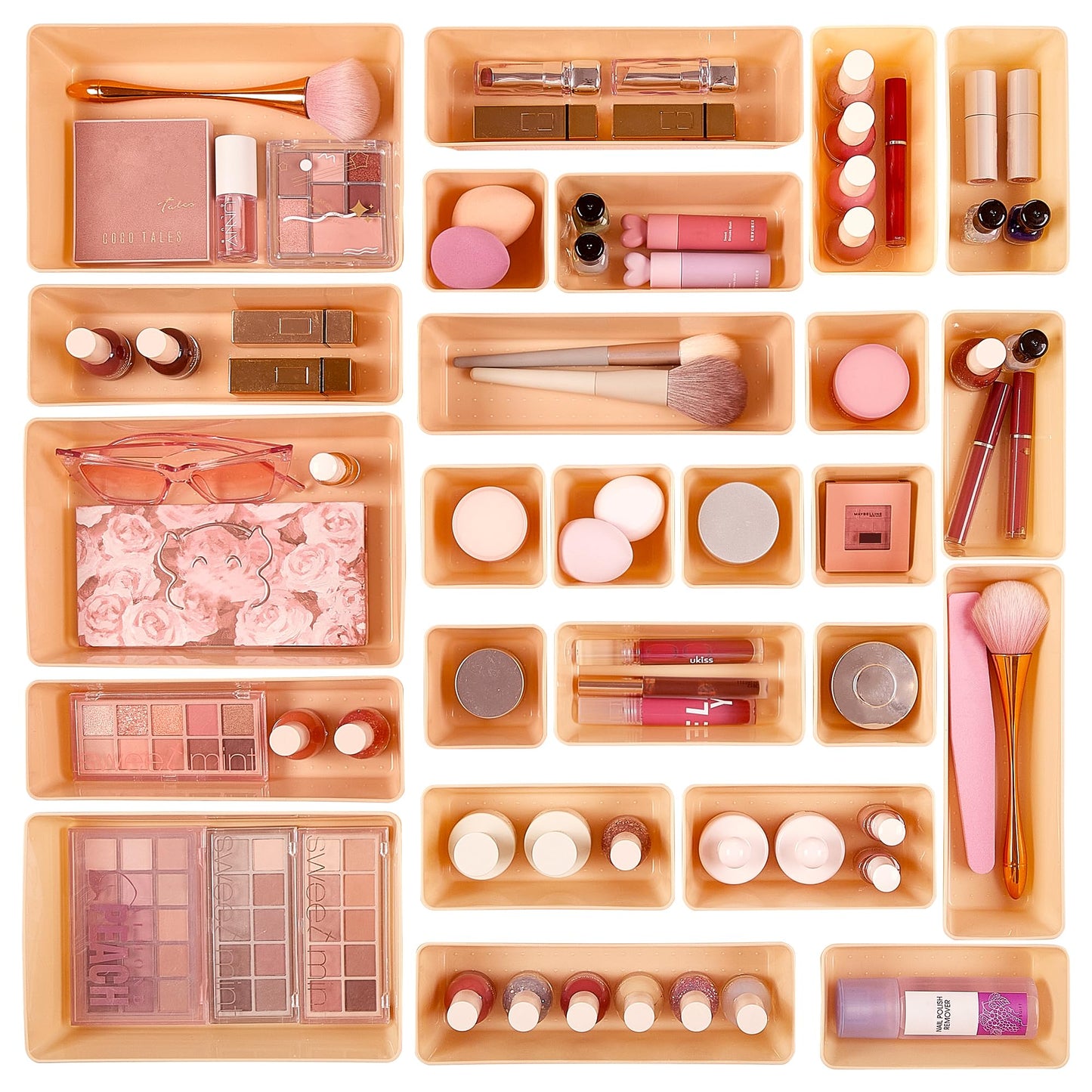 Vtopmart 25 PCS Clear Plastic Drawer Organizers Set, 4-Size Versatile Bathroom and Vanity Drawer Organizer Trays, Storage Bins for Makeup, Bedroom, Kitchen Gadgets Utensils and Office