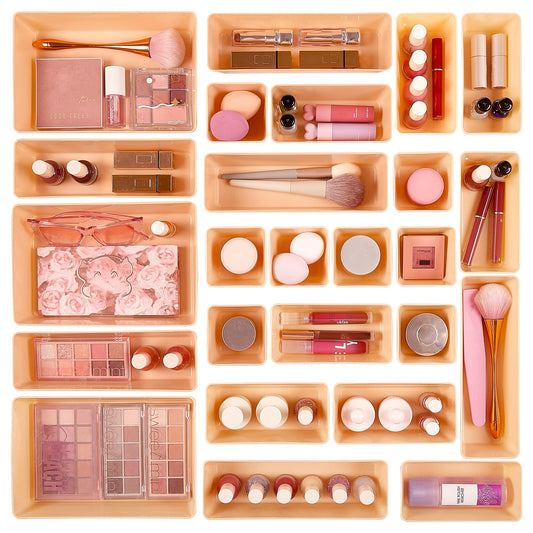 Vtopmart 25 PCS Clear Plastic Drawer Organizers Set, 4-Size Versatile Bathroom and Vanity Drawer Organizer Trays, Storage Bins for Makeup, Bedroom, Kitchen Gadgets Utensils and Office