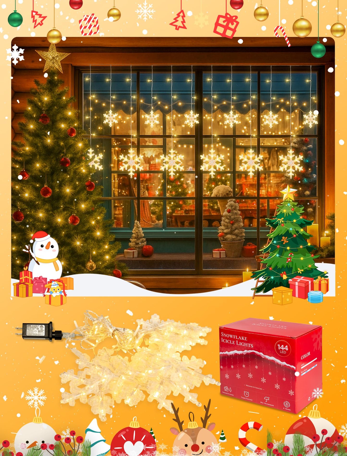 Qunlight Christmas Snowflake Lights,6.5ft 144LED Window Icicle Lights with 12 Drops,8 Modes Timer Connectable Curtain Light Plug in for Bedroom,Eaves,Wedding,Indoor Outdoor Xmas Decor,Warm White