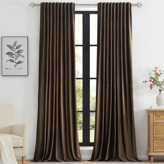 PRIMROSE Brown Velvet Curtains 96 inch Long for Living Room,Set of 2 Panels Blackout Rod Pocket Back Tab Window Treatment Room Darkening Heavy Decorative Curtains Drapes for Bedroom
