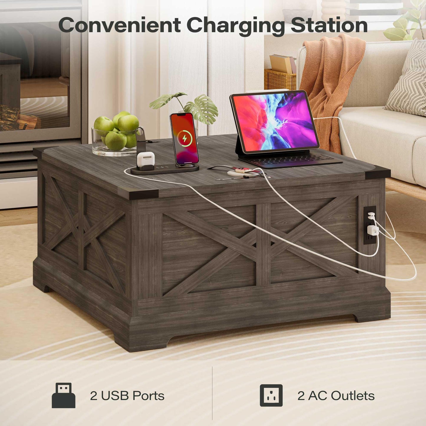 LAUSAINT HOME Farmhouse Lift Top Coffee Table with Large Hidden Storage Compartment, Wood Square Center Table with Lifting Top for Living Room, Home Office,Gray