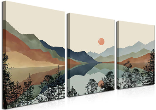 AKWISH Framed Mountain Canvas Wall Art Set of 3, Boho Watercolor Poster Prints Painting, Sun Forest Abstract Nature Landscape Artwork Wall Decor for Living Room, Bedroom, Office 16x24 In