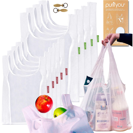 purifyou Set of 9 Reusable Produce Bags, Heavy Duty Washable Mesh Grocery Bag with Drawstring, Ideal for Farmers Market, Beach, and Refrigerator Storage (Extra Large, Large, Small)