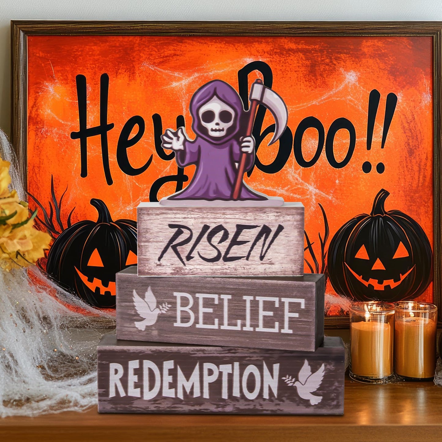 Religious Christian Tiered Tray Decorations Christmas Belief Redemption Tiered Tray Wooden Table Decor Halloween Wooden Table Decoration Centerpiece for Kitchen Home Shelf Office Decor