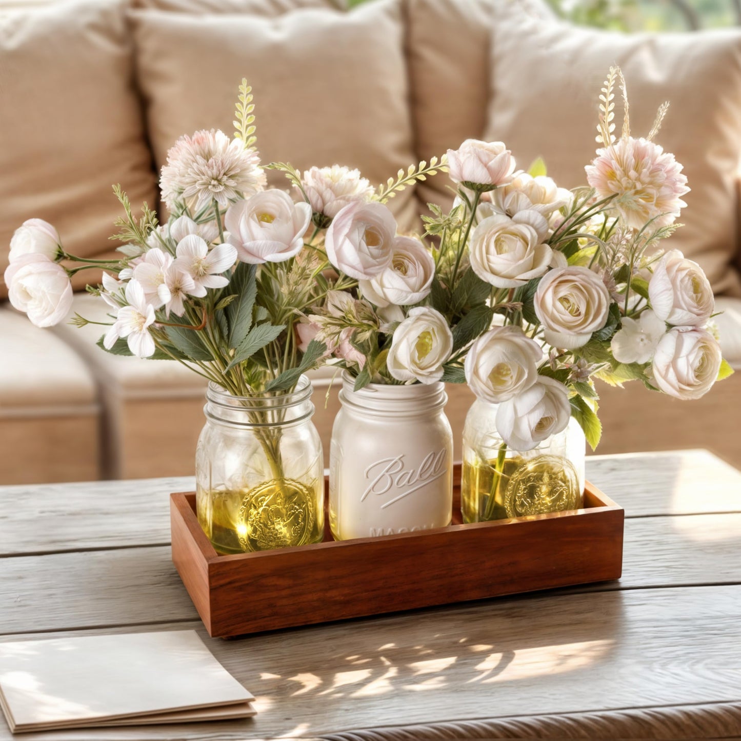 LIOZLIOLY Dining Mason Jar Lights Centerpiece Table Decorations for Dining Room Farmhouse Coffee Table Decor with Wood Tray, 3 Jars Artificial Flowers and Led Light for Kitchen Living Room(White)