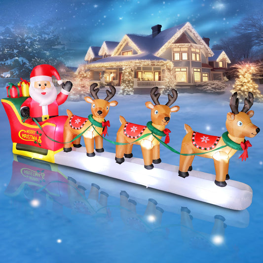 12FT Long Christmas Inflatables Santa Claus on Sleigh with 3 Reindeer Yard Decoration, Cute Blow Up Santa Xmas Decor with Bright LED Lights for Outdoor Garden Lawn Home Holiday Party