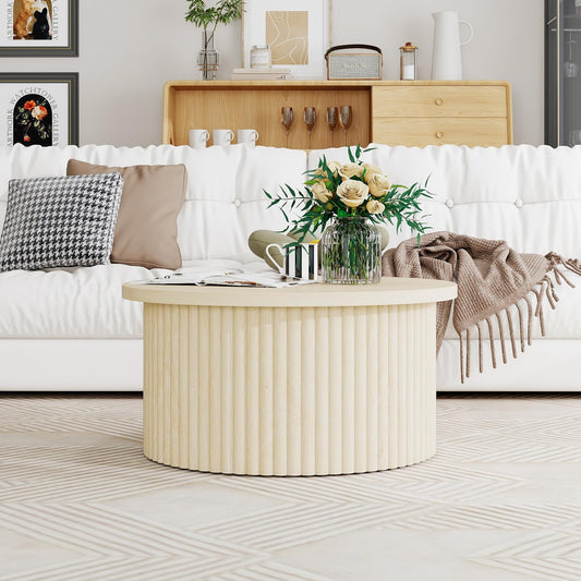 Round Coffee Table with Storage, Wood Modern Fluted Drum Coffee Table with Flip Top, 31.5" Farmhouse Center Table for Living Room, Reception Room, Entertainment Room, Courtyard (1, Oak)