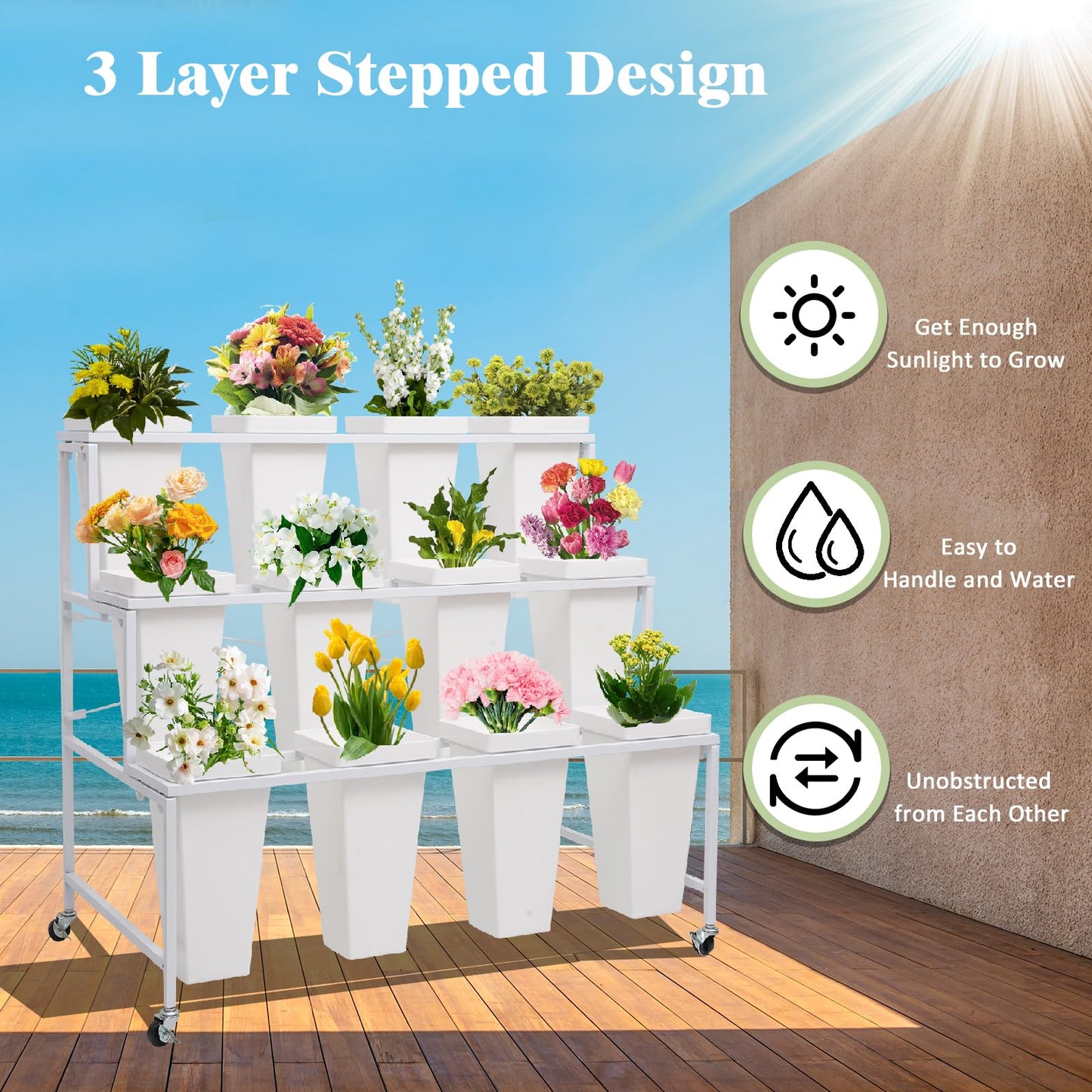 Flower Display Stands with Buckets, 3-Tier Rolling Plant Stand with Locking Wheels - Heavy Duty Metal Flower Cart for Indoor/Outdoor Use, Wedding Decor & Florist Displays (Holds 12 Pots) (Gold)