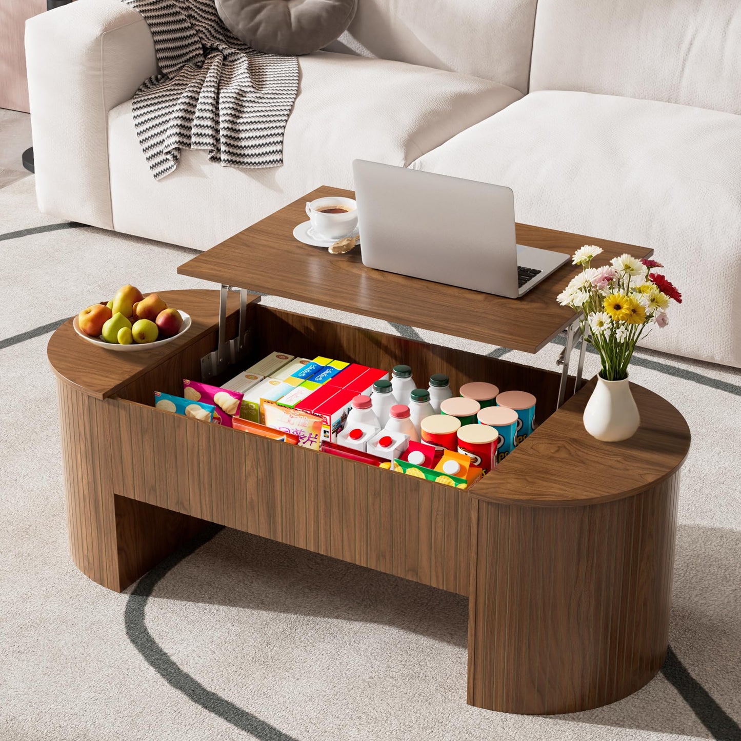 Lift Top Coffee Table with Hidden Storage Compartment, Oval Wooden Coffee Table with Lift Tabletop for Living Room, Mid Century Modern Center Table for Home Office, 47 Inch (Walnut)