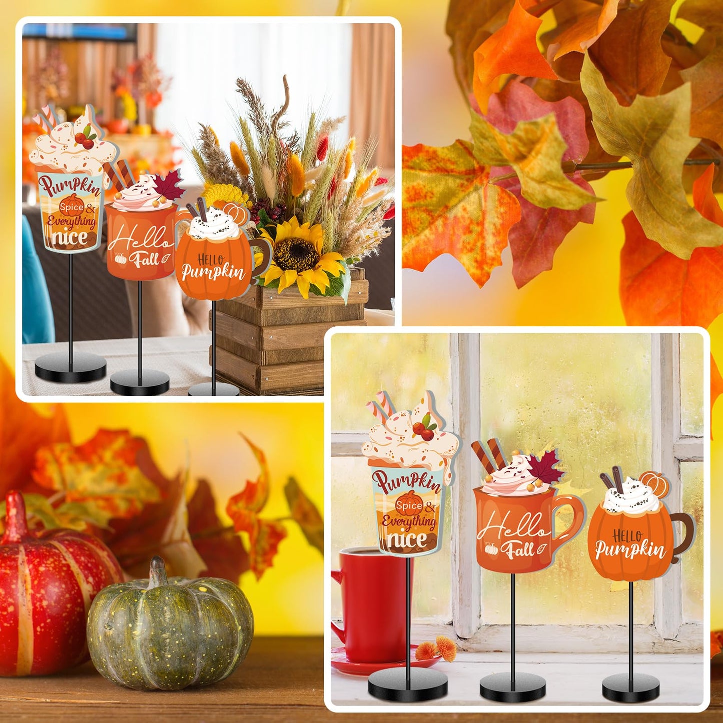 3 Pcs Fall Wood Table Decor Fall Coffee Bar Decor Pumpkin Mug Maple Leaf Wooden Sign Thanksgiving Table Centerpieces for Autumn Thanksgiving Decorations Indoor Outdoor