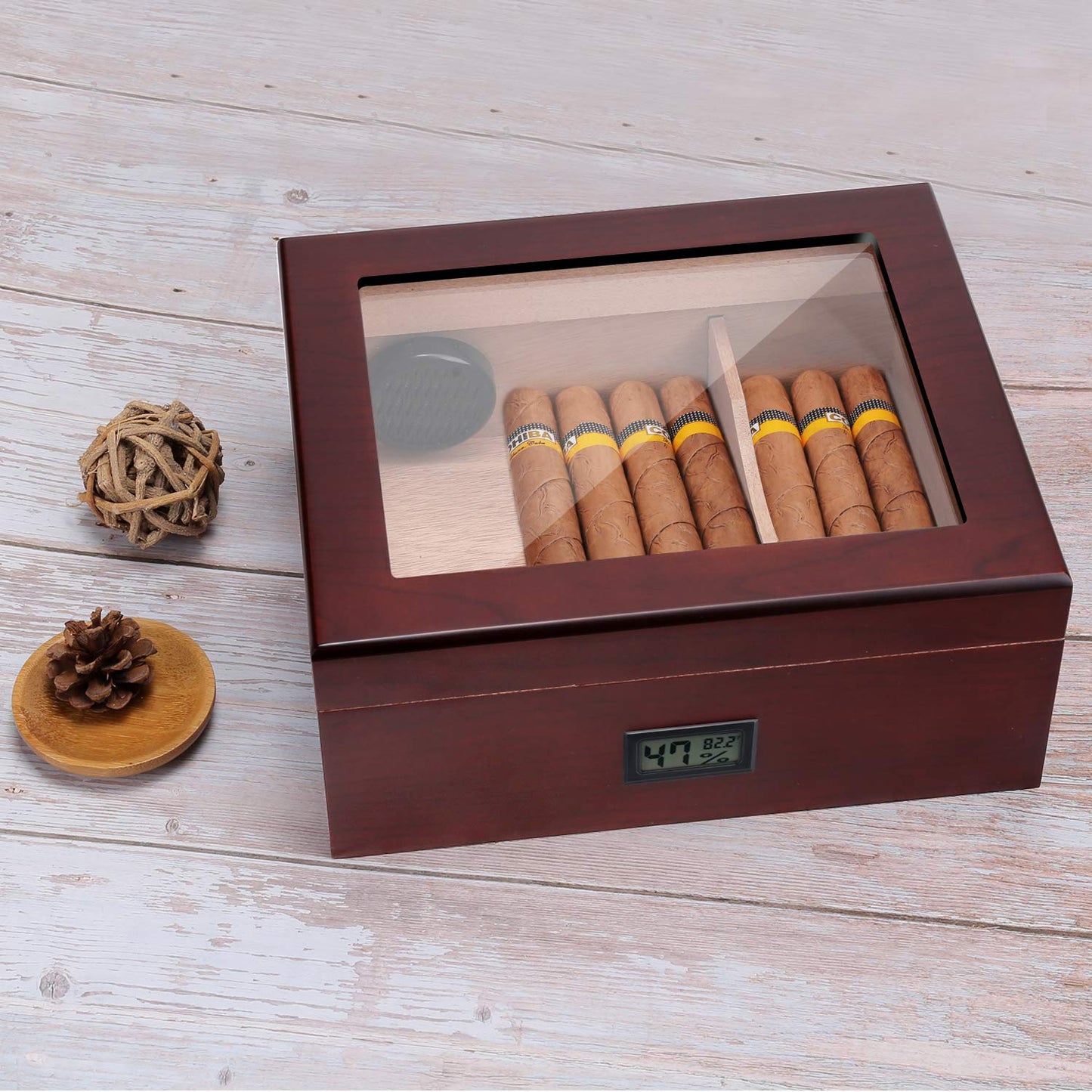 High Gloss Cigar Humidor Cigar Box, Real Solid Spanish Cedar Wood, Luxury Hygrometer and Humidifier, Desktop Humidors Gloss Black (25-50 Walnut)