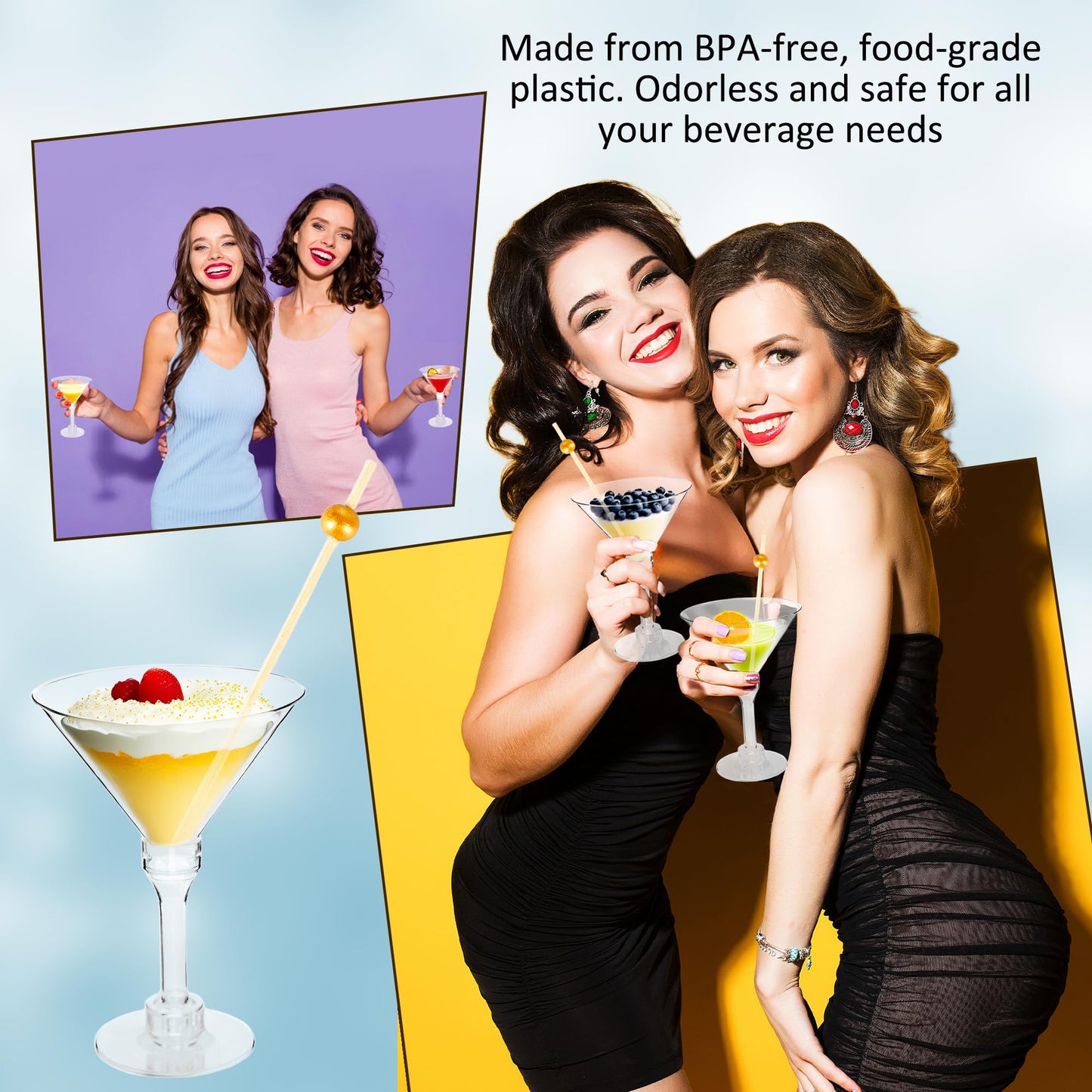 100 Pcs 5 oz Plastic Martini Glasses Set Includes 50 Pcs Tall Cocktail Glasses and 50 Pcs Short Martini Cups with 100 Pcs Cocktail Sticks for Birthday Wedding Disco Parties Wine Dessert Puddings