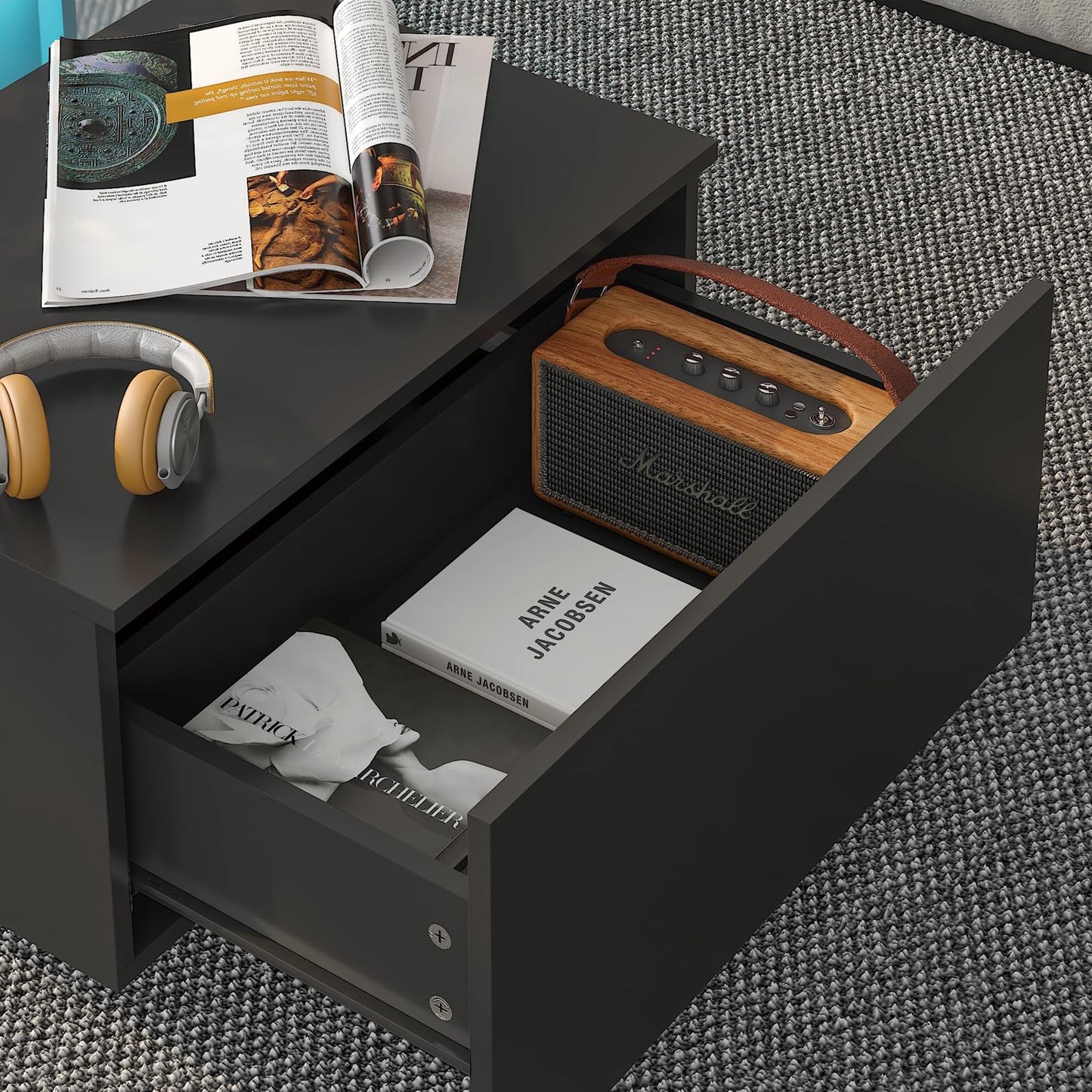 HedoAjim Black Led Coffee Table for Living Room, Rectangular Living Room Table with Storage, Acrylic Coffee Tables with 2 Sliding Drawers, Wood Center Table for Reception Dinning Room