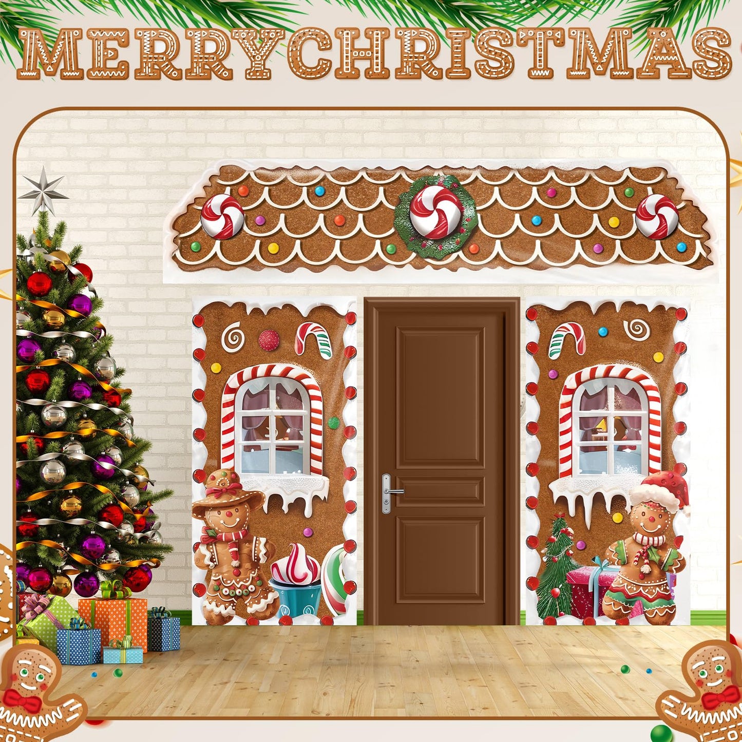 HunnmingRe 3 Pcs Christmas Gingerbread House Decorations Gingerbread Door Covers Backdrop Christmas Door Banners for Xmas Holiday Party Photography Photo Background Decor(Candy Style)