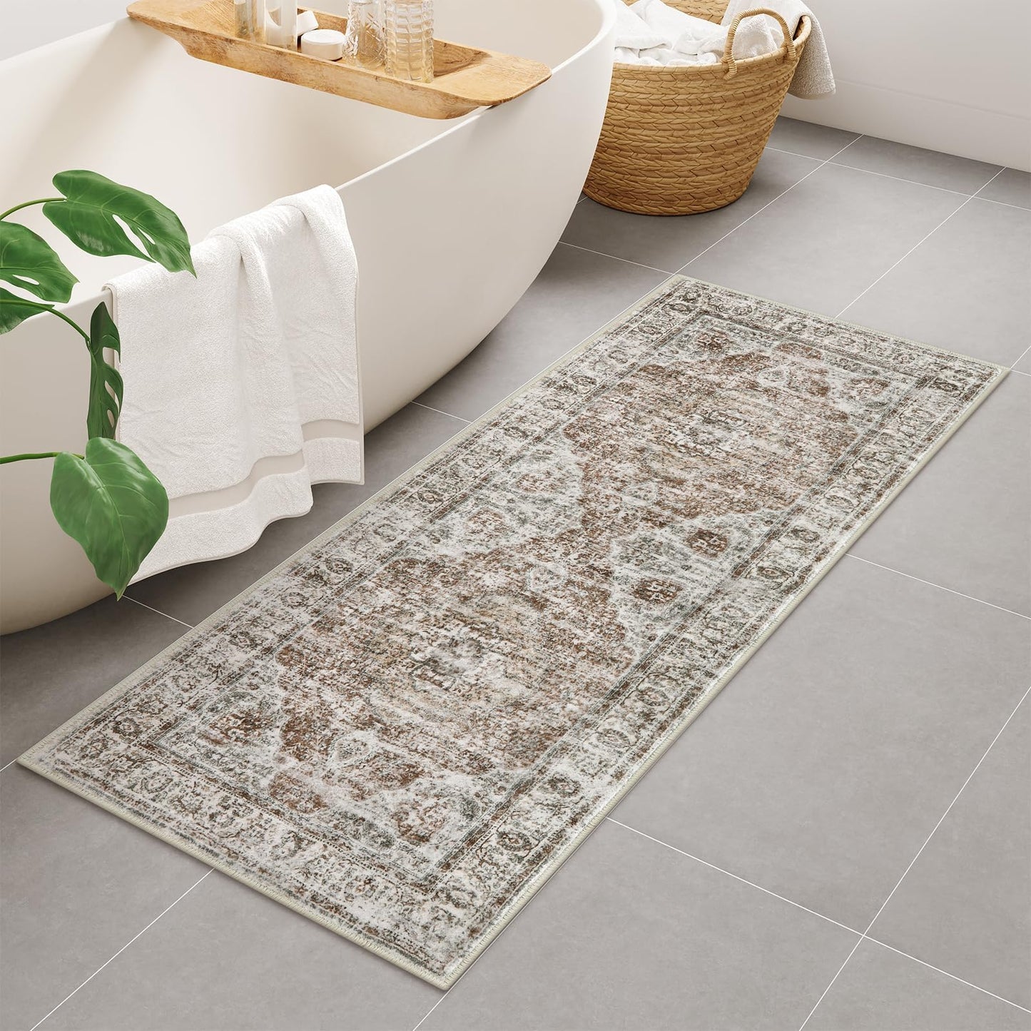 Uphome Bathroom Runner Rug, Distressed Tribal Farmhouse Khaki Bathroom Mat, Large Bathroom Rugs Non Slip Washable, Oriental Retro Boho Bath Mat Runner for Bathtub Sink Hallway, 24x59 inch