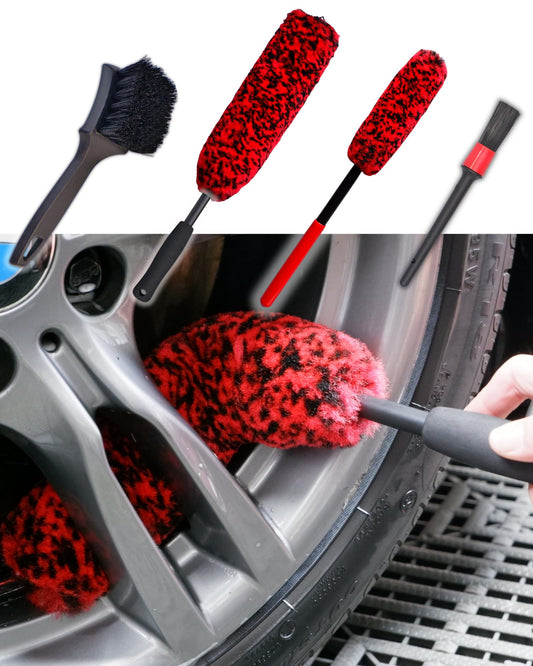 oesee Professional 4 Pack Long Handle Wheel Brush Kit for Cleaning Wheel and Tire- 2X Soft Wheel Cleaning Brush, Detailing Brush and Stiff Tire Brush, Bendable& Durable Wheel Rim Cleaner Brush Set