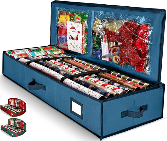 HOMIOR Gift Wrap Organizer, Christmas Wrapping Paper Storage Bag w/Useful Pockets for Xmas Accessories, Fits Upto 24 Rolls, Underbed Storage for Holiday Decorations, Large Capacity Storage Box